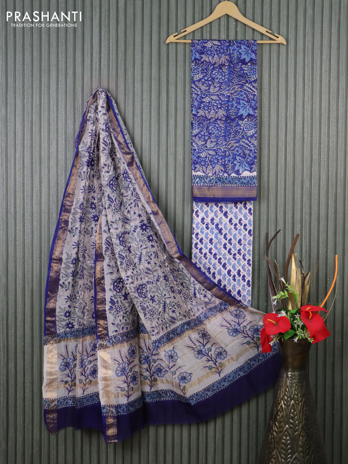 Chanderi dress material blue shade and off white with allover prints and maheshwari zari border