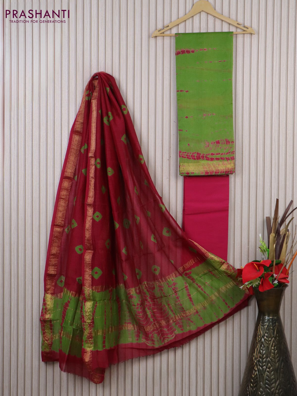 Chanderi dress material green and pink with tie and dye prints and maheshwari zari border