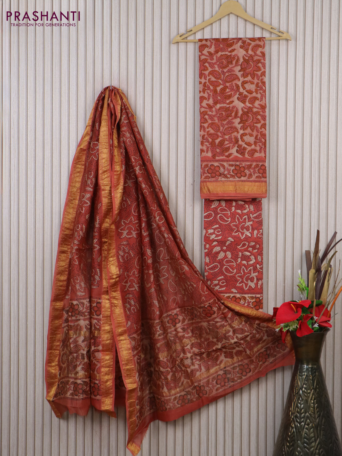 Chanderi dress material pastel peach shade and rust shade with allover kalamkari prints and maheshwari zari border