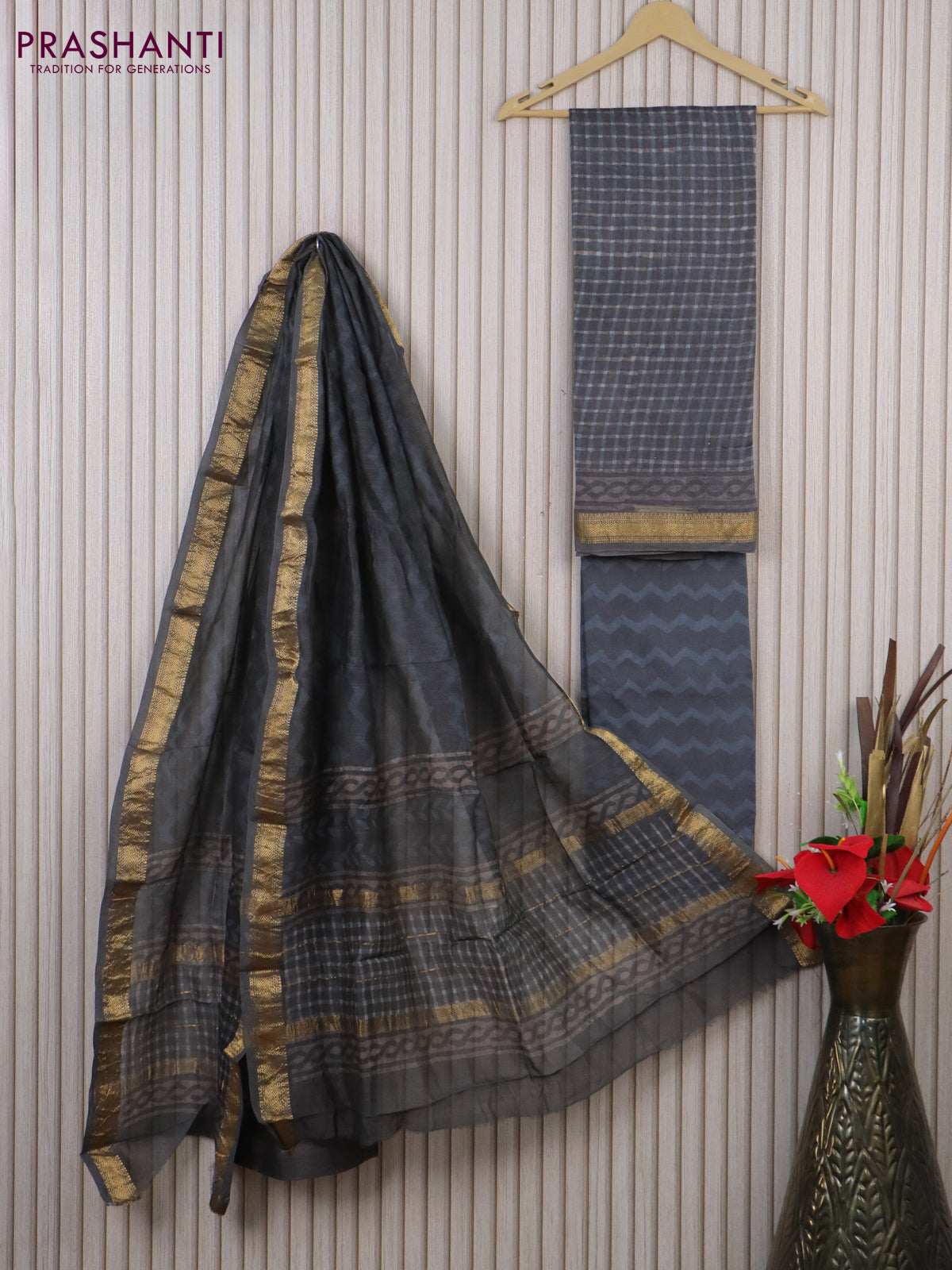 Chanderi dress material grey with allover prints and maheshwari zari border