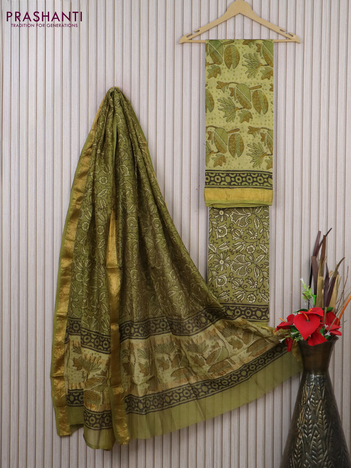 Chanderi dress material pista green and green with allover kalamkari prints and maheshwari zari border