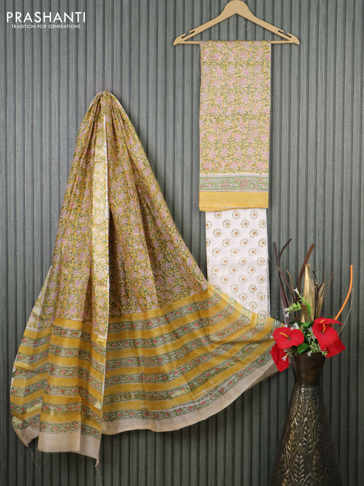 Chanderi dress material yellow and off white with allover floral prints and maheshwari zari border