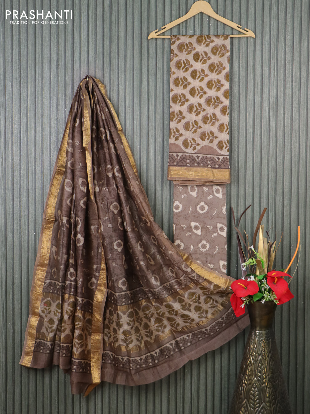 Chanderi dress material pastel brown with allover butta prints and maheshwari zari border