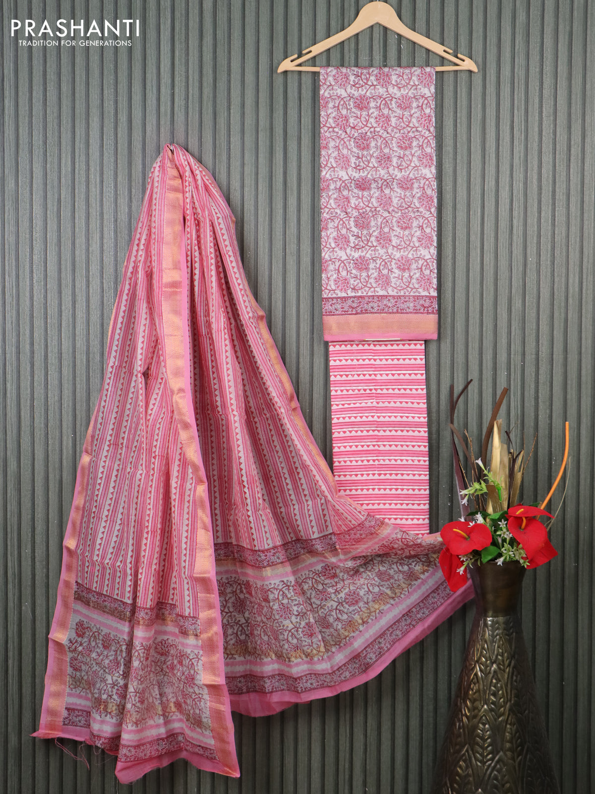 Chanderi dress material off white and light pink with allover floral prints and maheshwari zari border