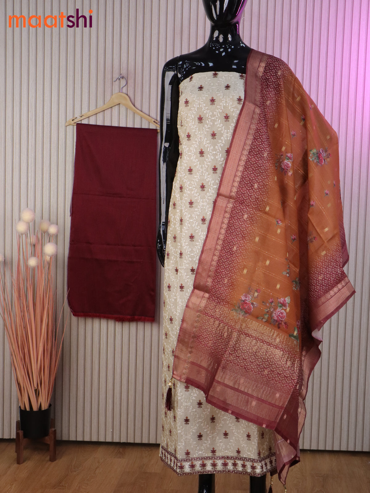 Chanderi dress material cream and maroon with allover embroidery work and bottom & banarasi dupatta