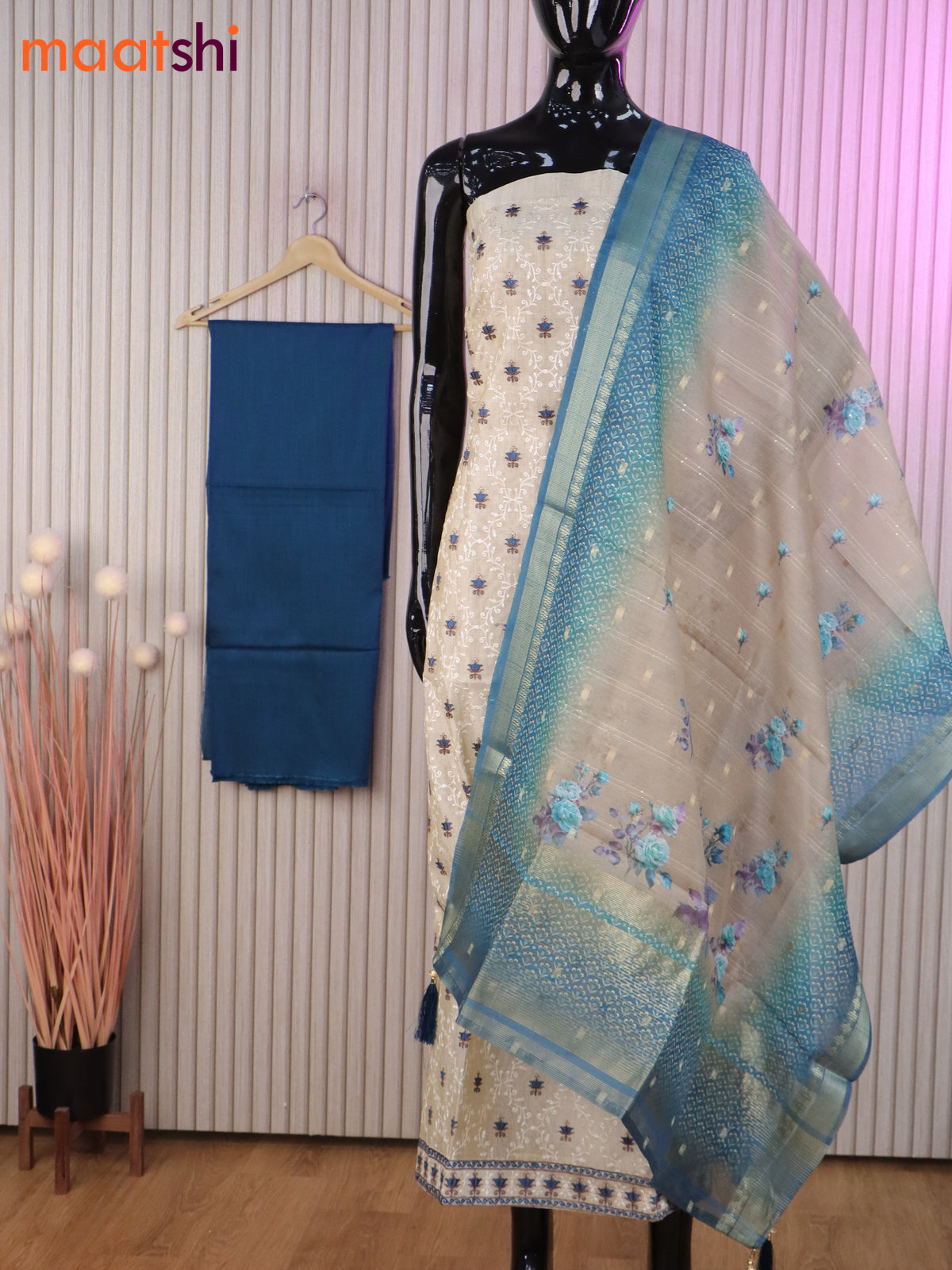 Chanderi dress material cream and peacock blue with allover embroidery work and bottom & banarasi dupatta