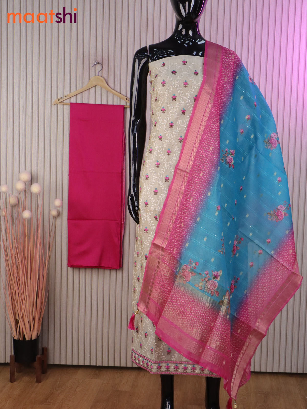 Chanderi dress material cream and pink with allover embroidery work and bottom & banarasi dupatta