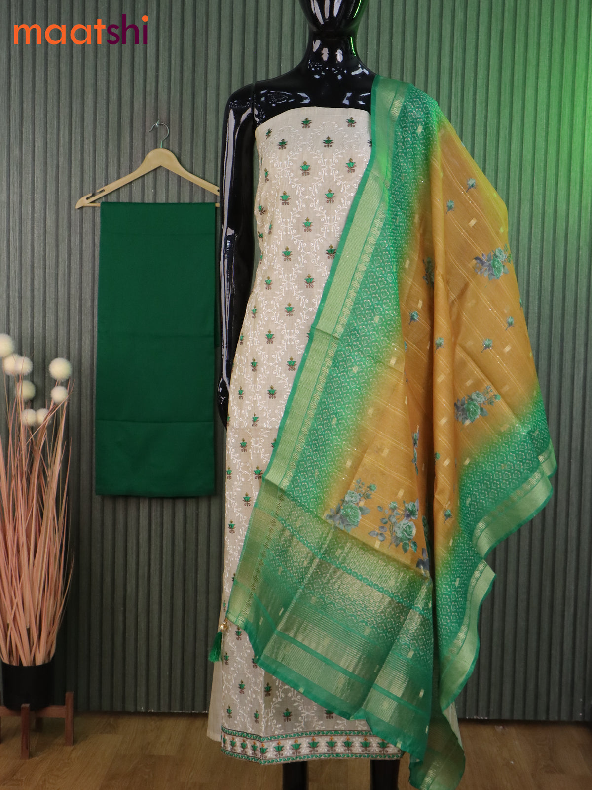 Chanderi dress material cream and green with allover embroidery work and bottom & banarasi dupatta