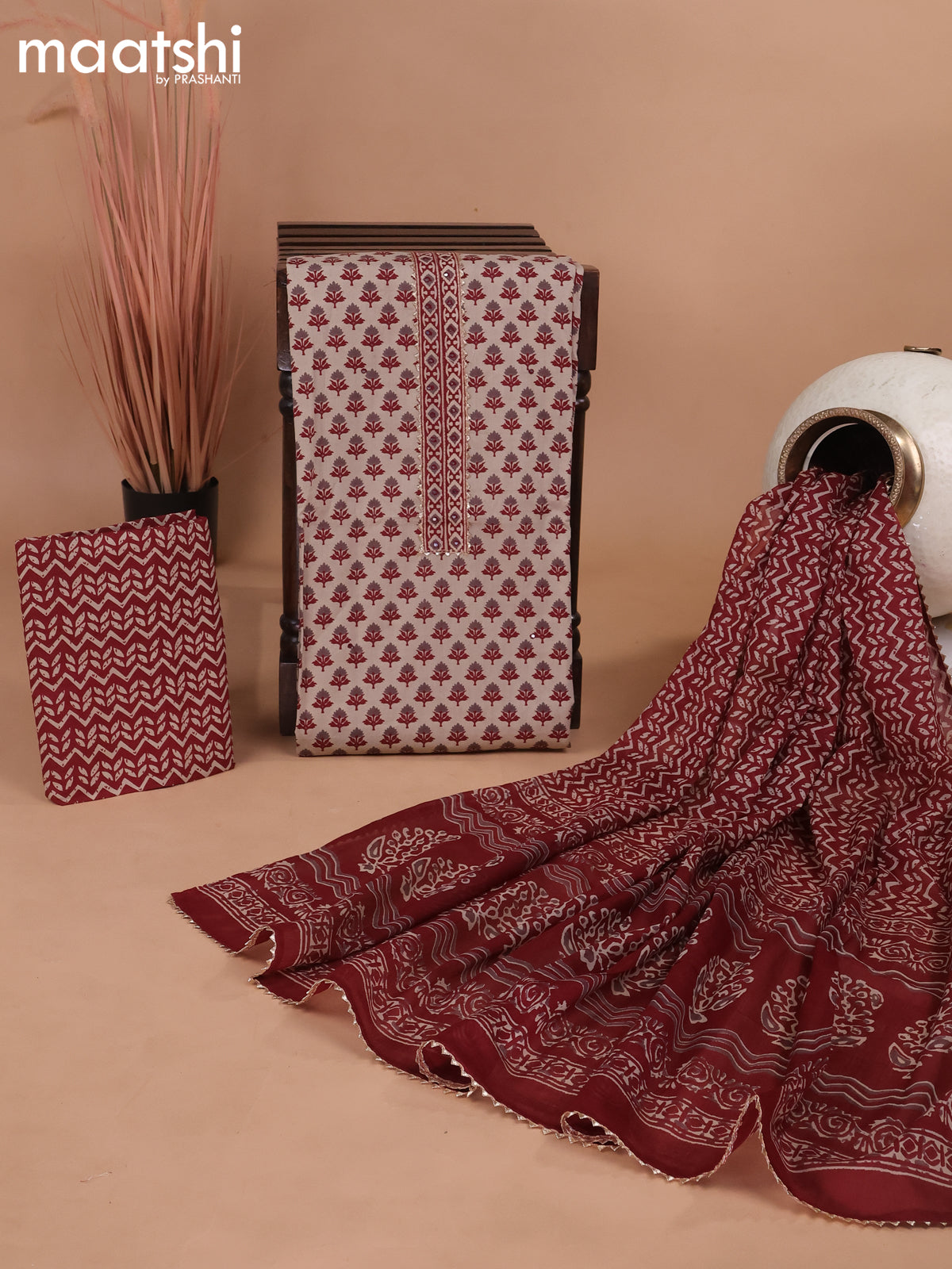 Cotton dress material beige and maroon with floral butta prints & patch work neck pattern and bottom & gottapatti lace work dupatta