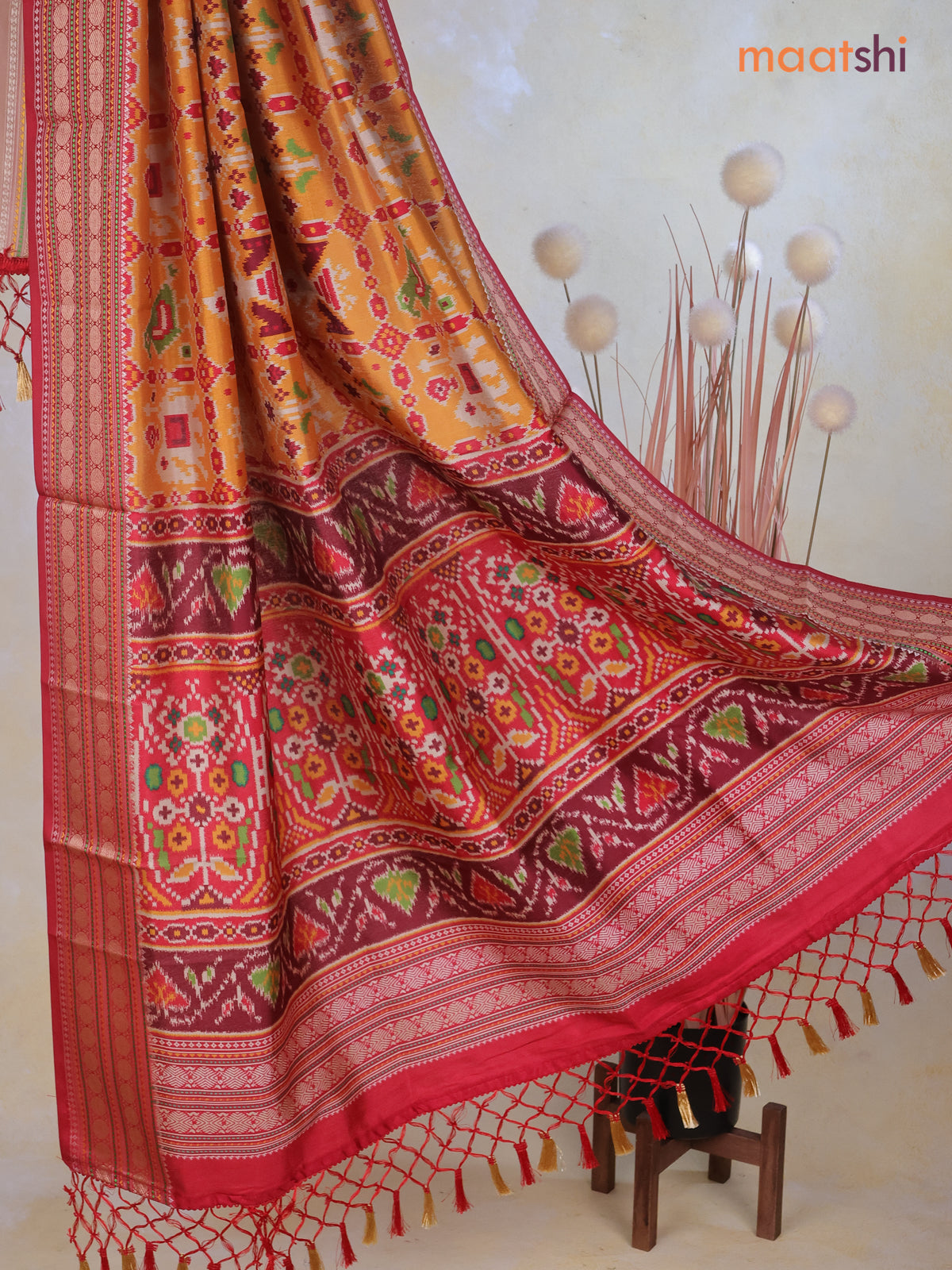 Tussar Ikat dupattas mustard yellow and maroon with allover patola prints and thread woven border