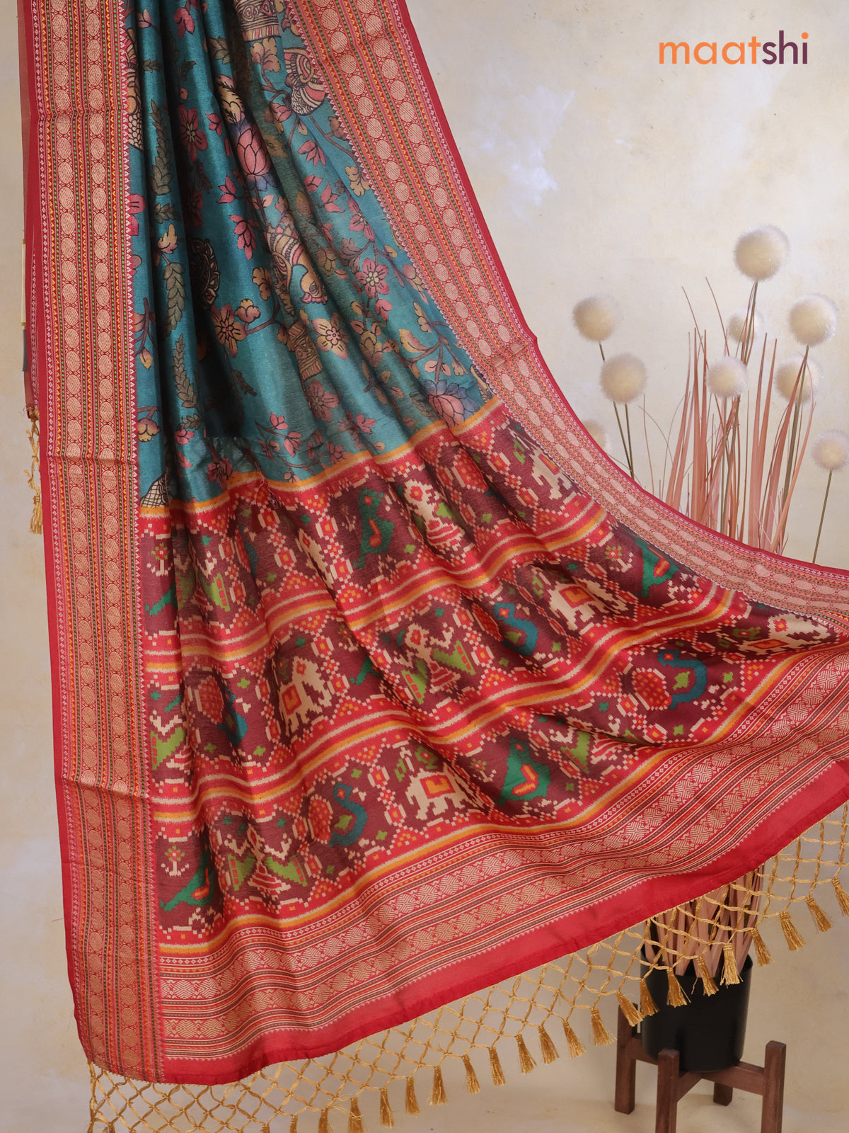 Tussar Ikat dupattas teal green and maroon with allover kalamkari prints and thread woven border