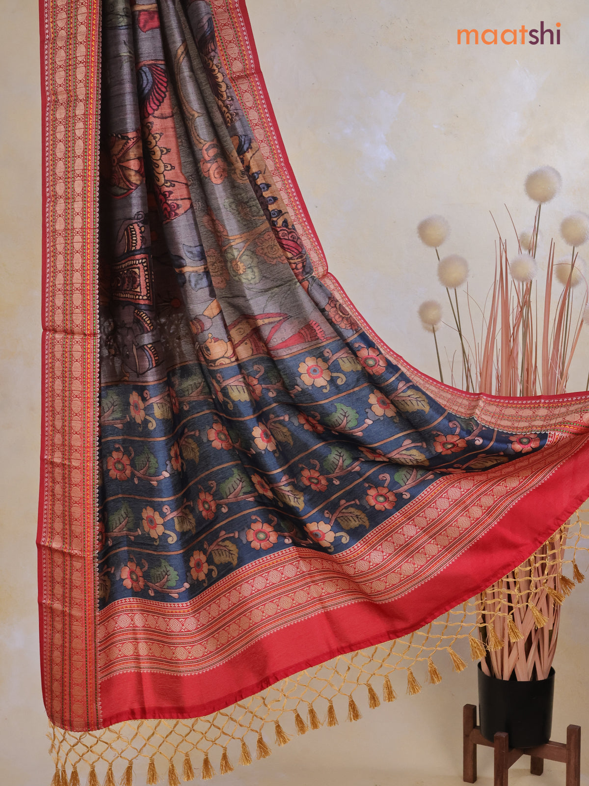 Tussar Ikat dupattas grey and kumkum red with allover kalamkari prints and thread woven border