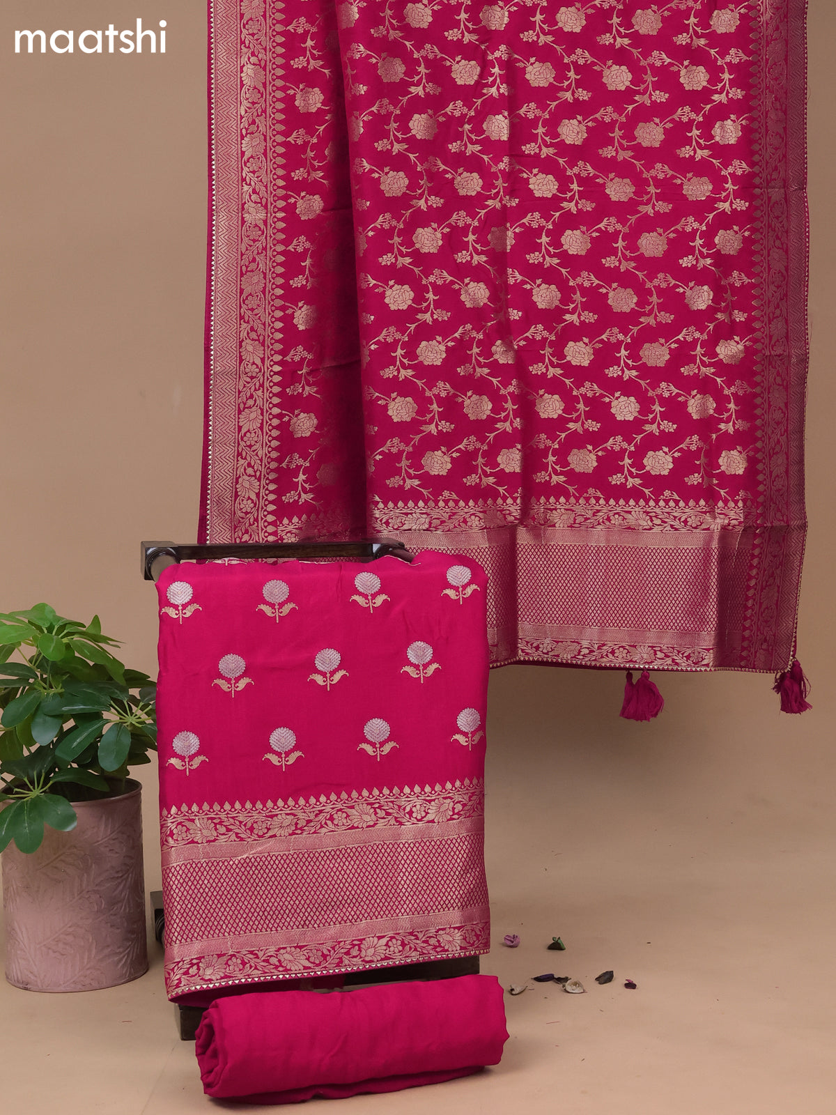 Banarasi silk dress material pink with floral zari woven buttas and bottom & banarasi style dupatta