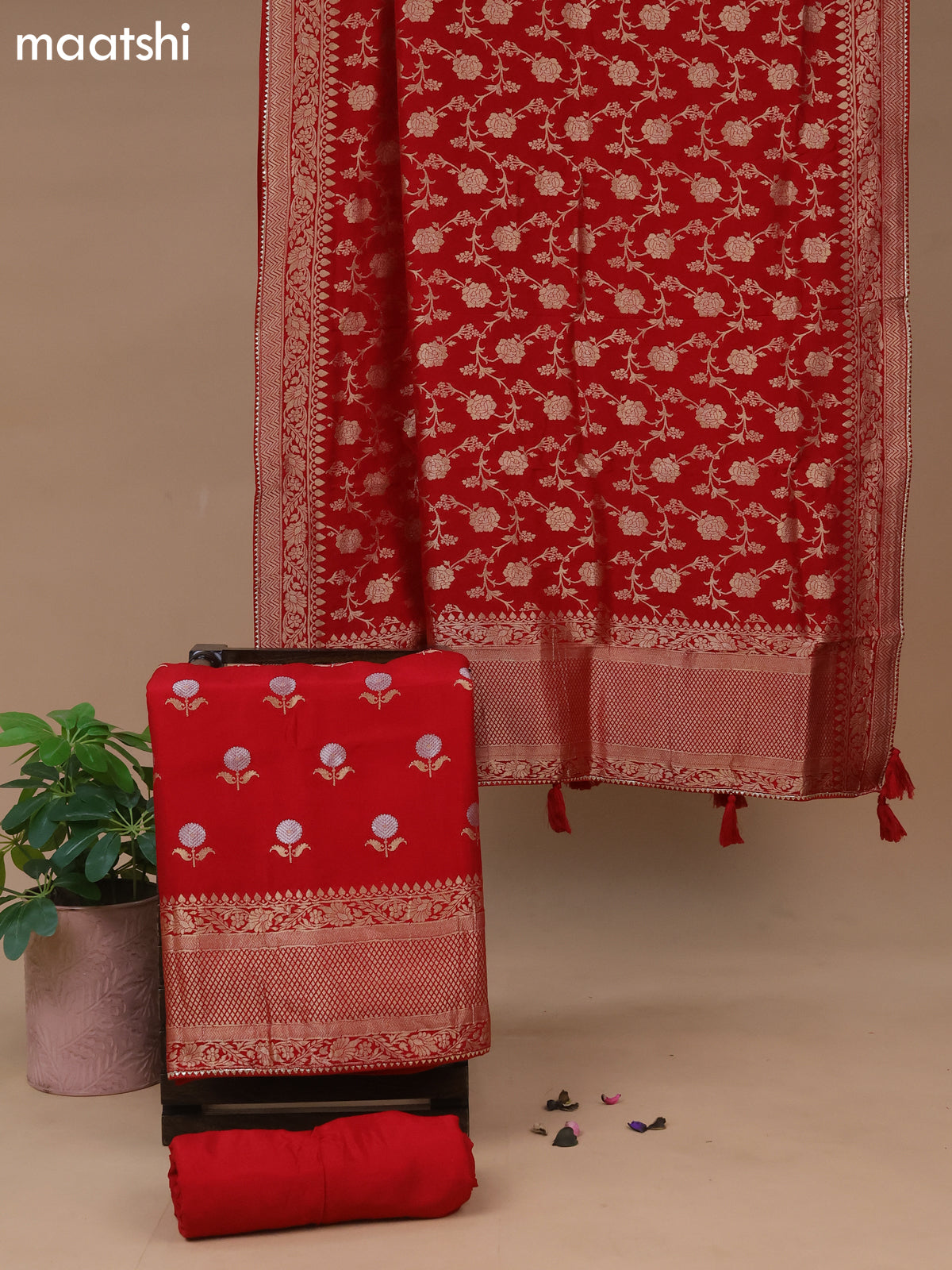 Banarasi silk dress material red with floral zari woven buttas and bottom & banarasi style dupatta