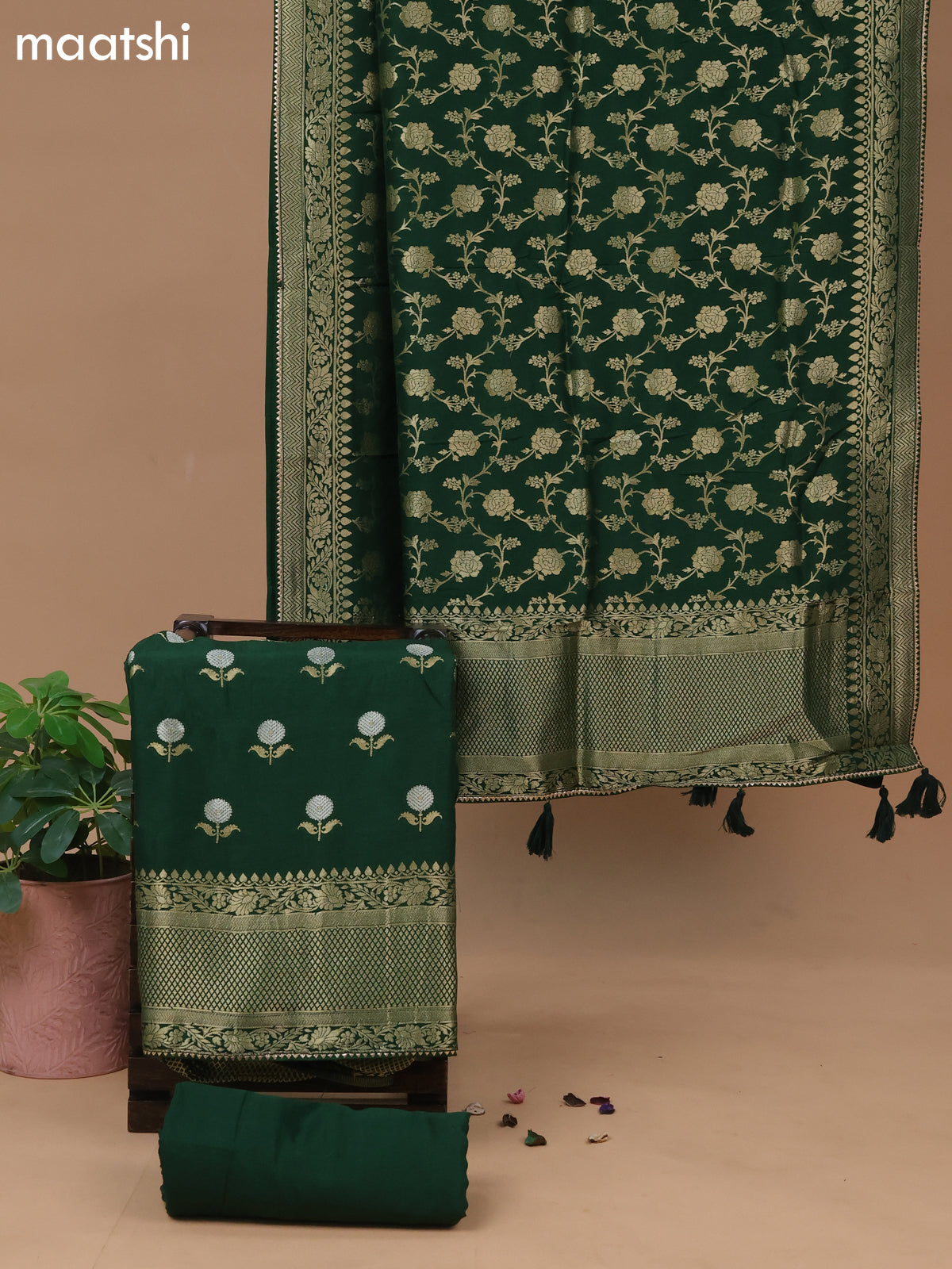 Banarasi silk dress material green with floral zari woven buttas and bottom & banarasi style dupatta