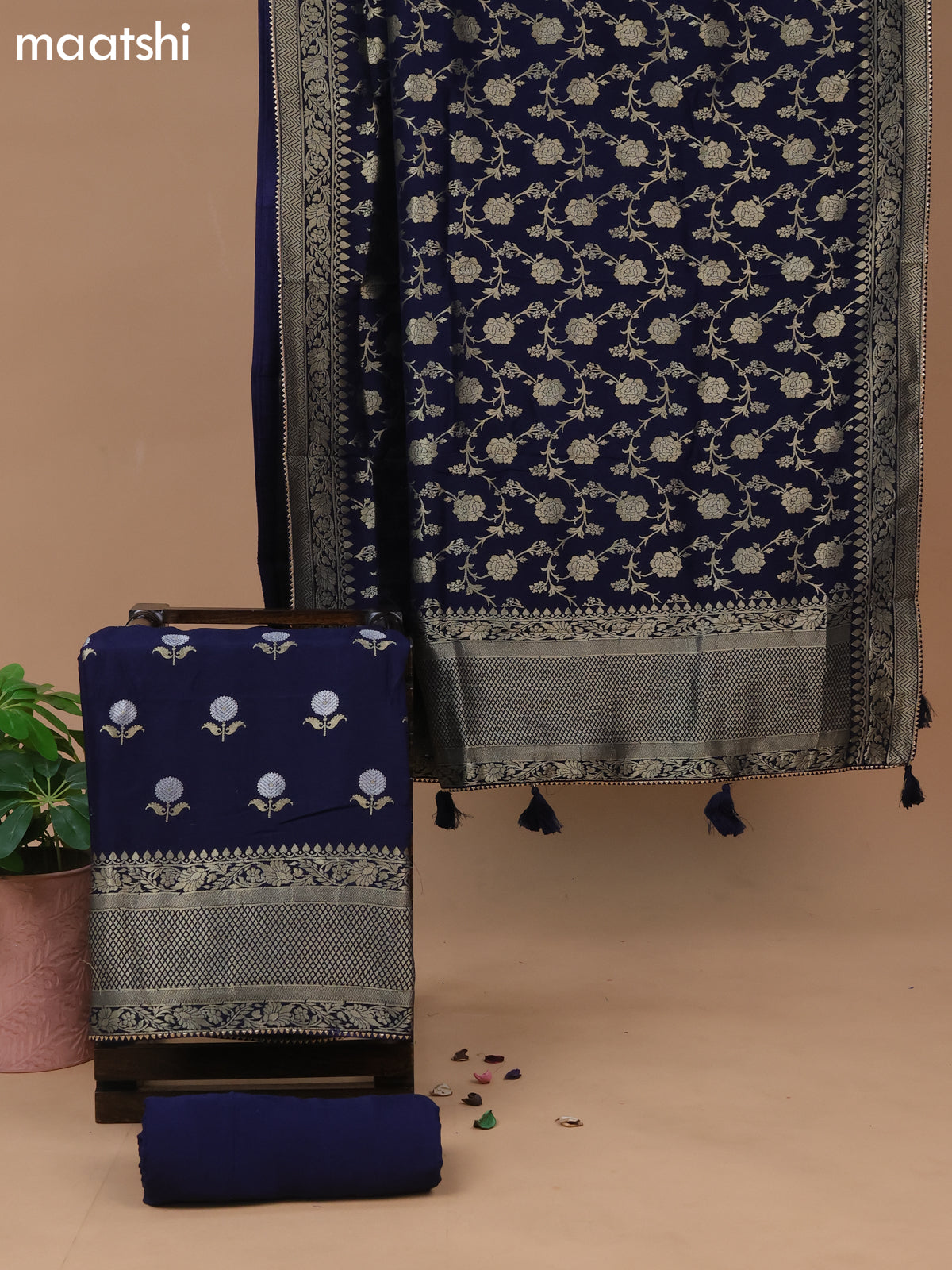 Banarasi silk dress material dark blue with floral zari woven buttas and bottom & banarasi style dupatta