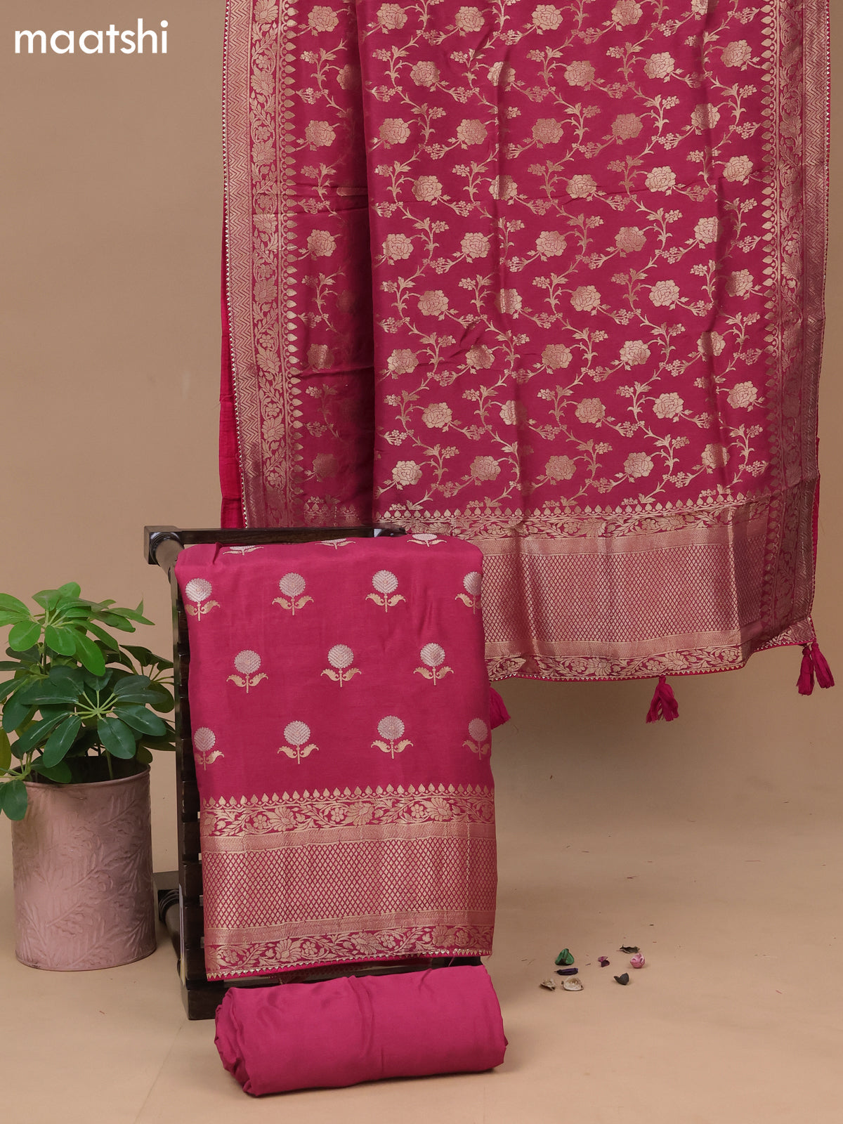 Banarasi silk dress material pink shade with floral zari woven buttas and bottom & banarasi style dupatta