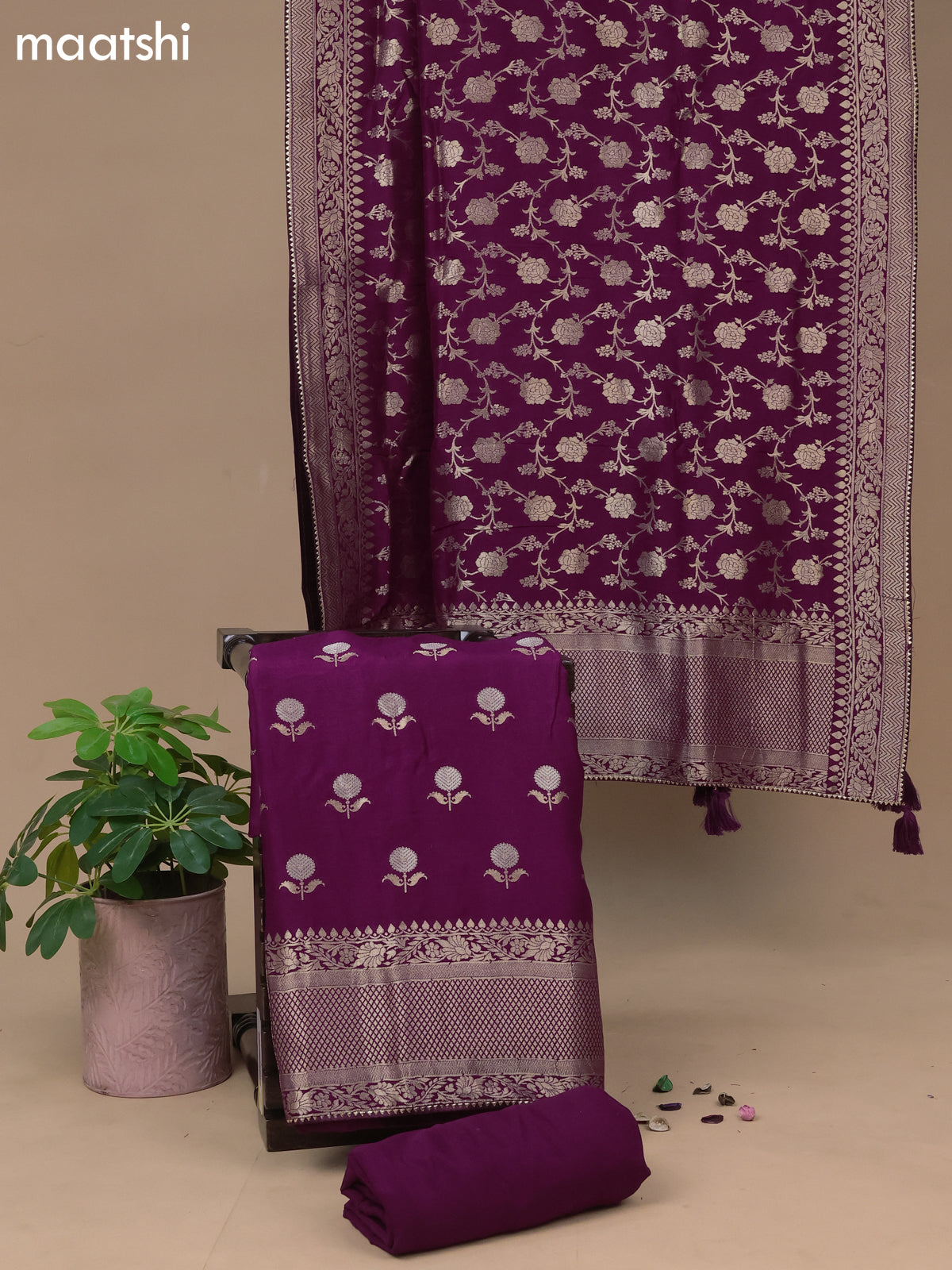 Banarasi silk dress material purple with floral zari woven buttas and bottom & banarasi style dupatta