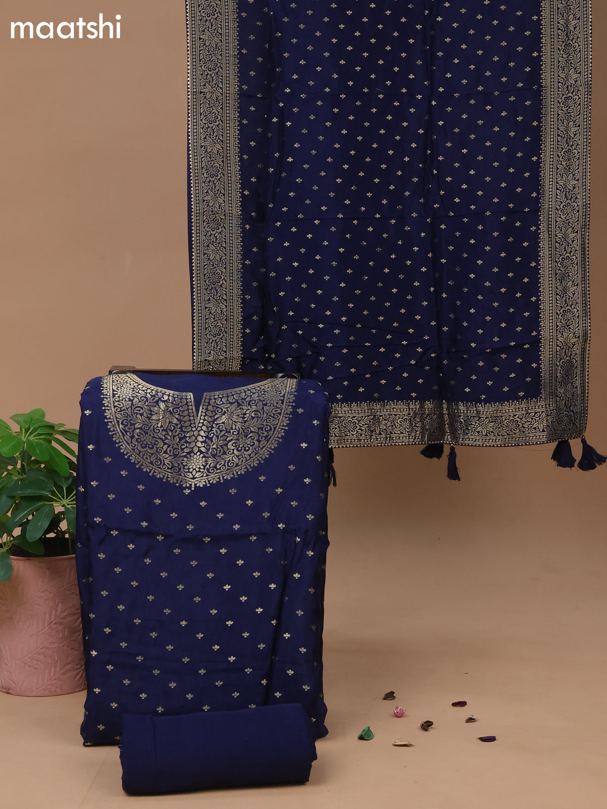 Banarasi silk dress material blue with self emboss & zari buttas and bottom & banarasi style dupatta