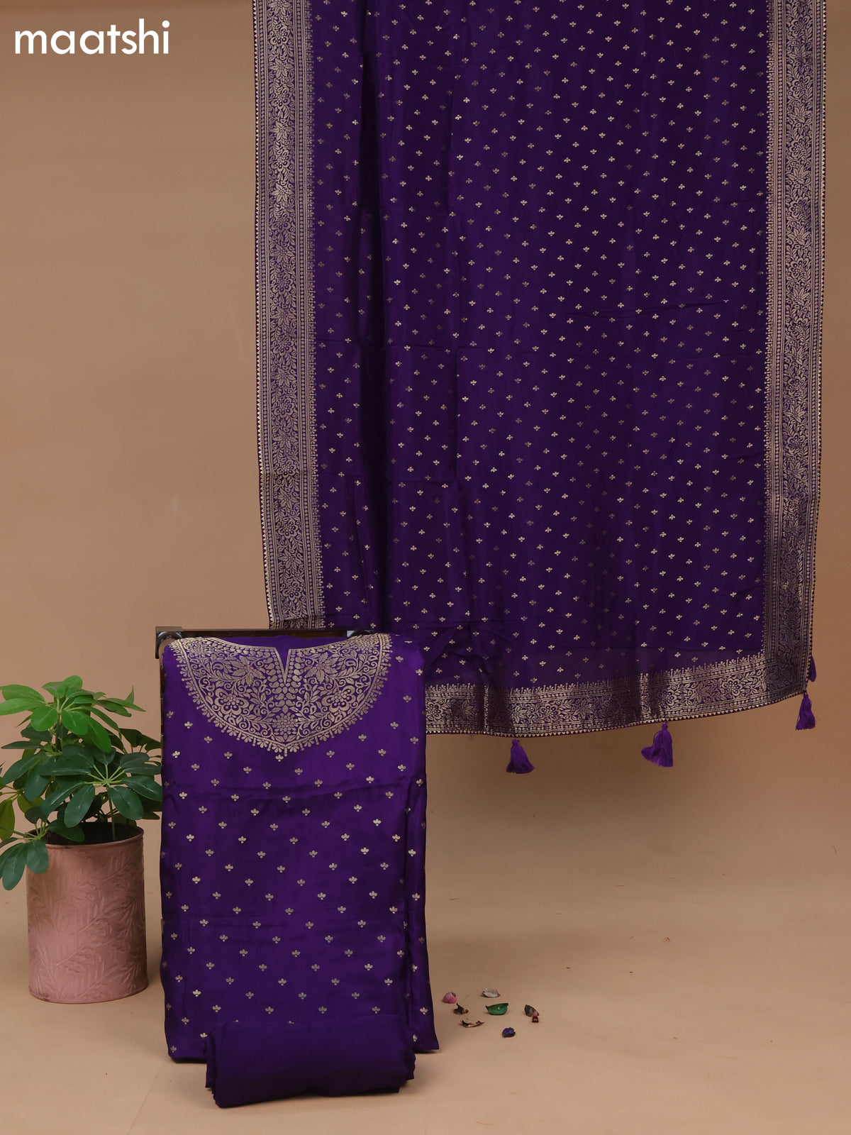 Banarasi silk dress material violet with self emboss & zari buttas and bottom & banarasi style dupatta