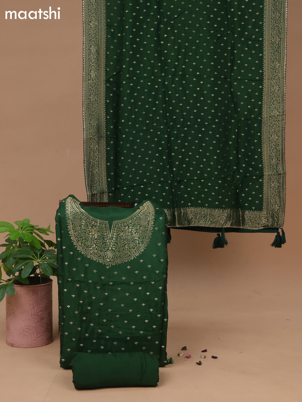 Banarasi silk dress material green with self emboss & zari buttas and bottom & banarasi style dupatta