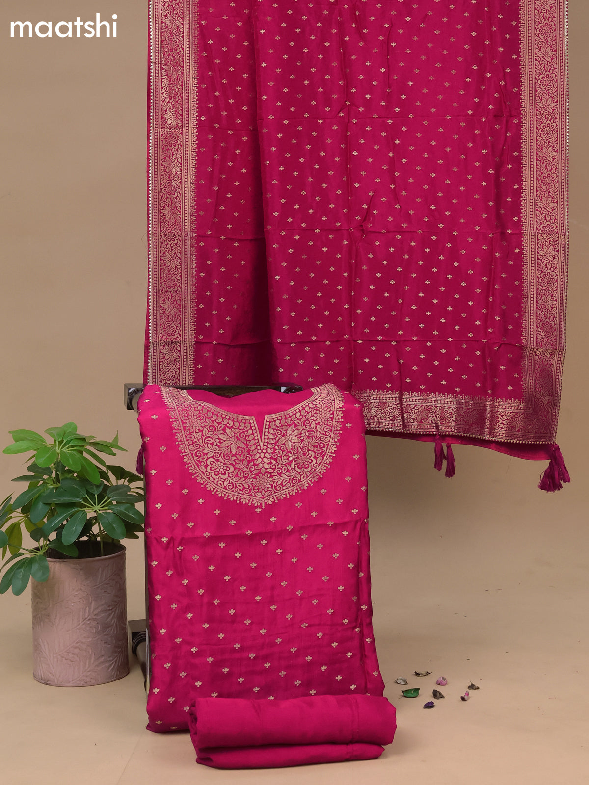 Banarasi silk dress material pink with self emboss & zari buttas and bottom & banarasi style dupatta