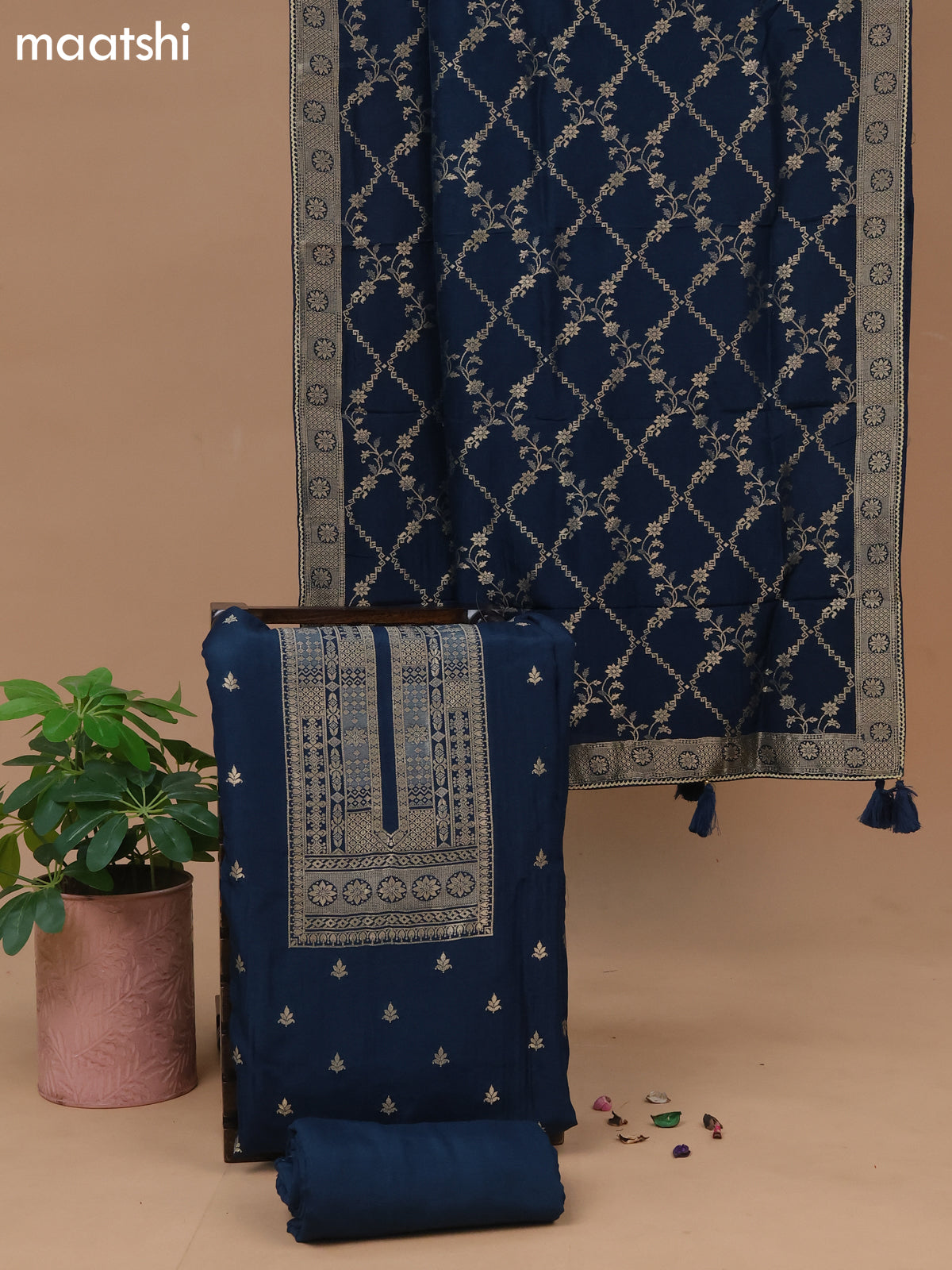 Banarasi silk dress material peacock blue with zari woven buttas and bottom & banarasi style dupatta