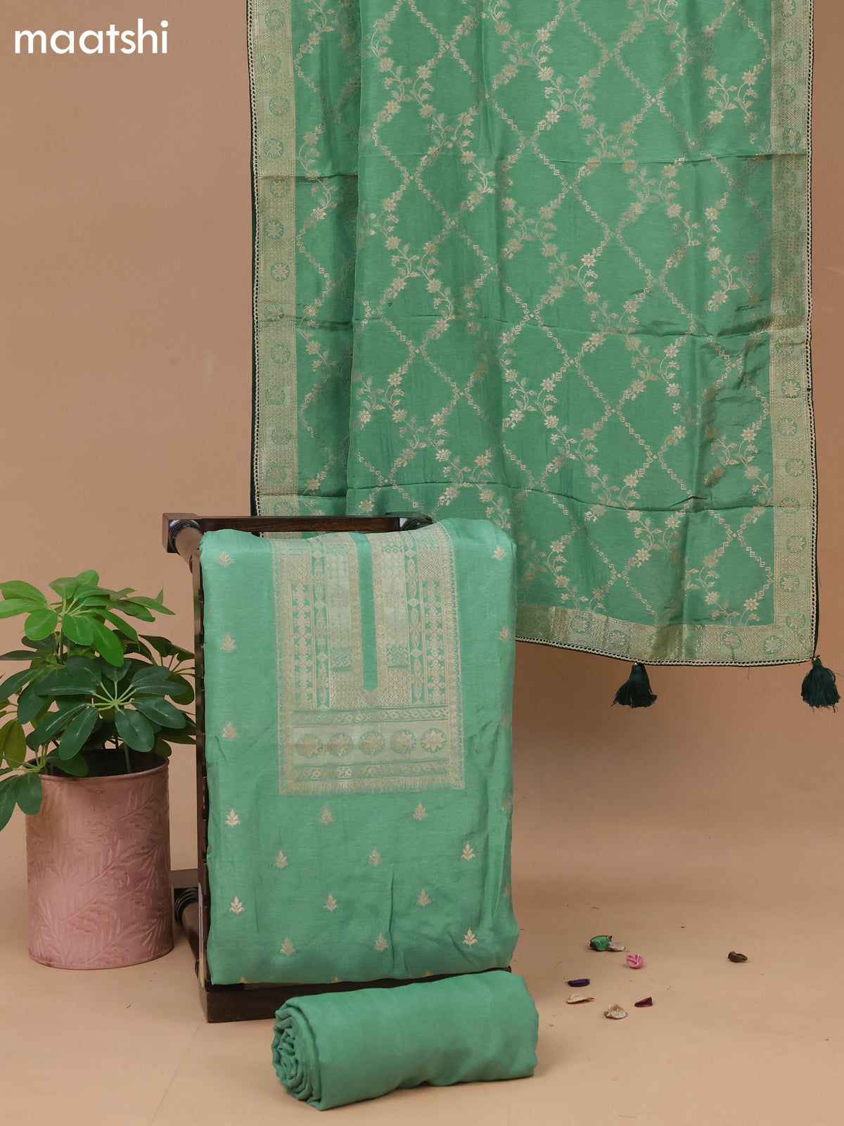 Banarasi silk dress material pastel green with zari woven buttas and bottom & banarasi style dupatta