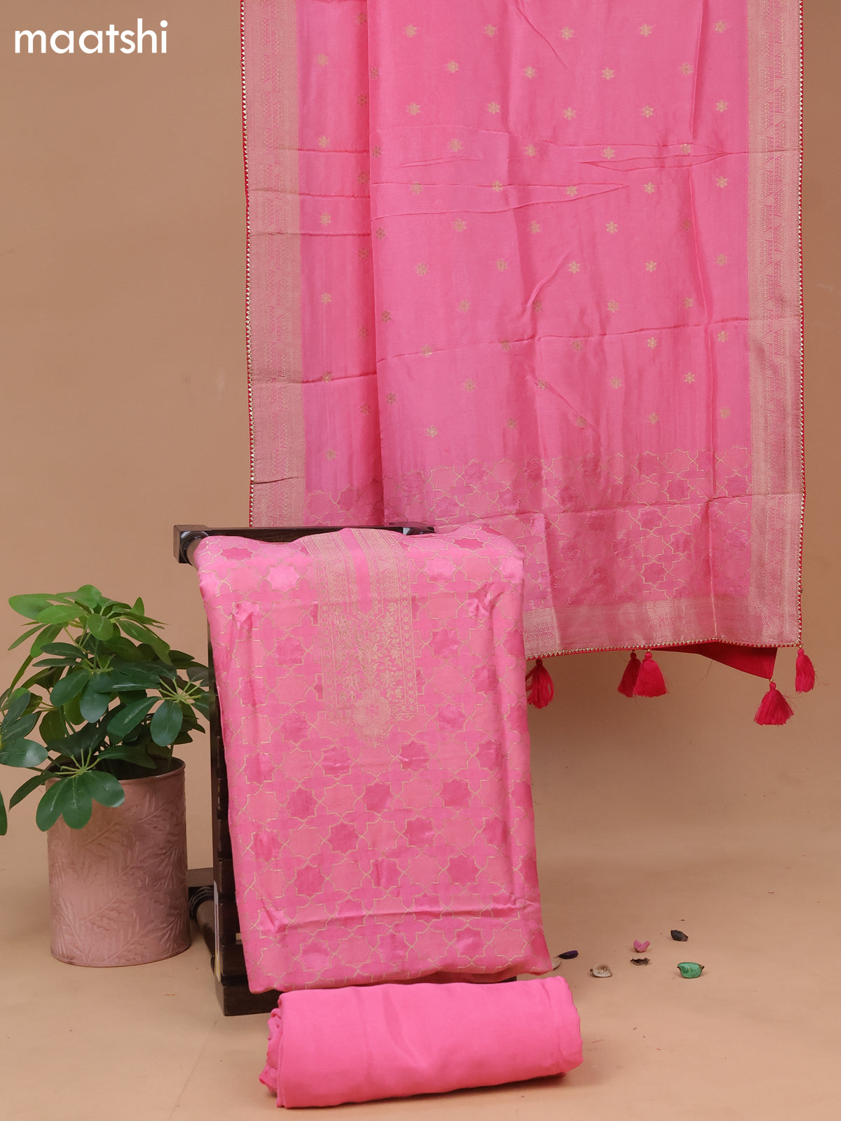 Banarasi silk dress material light pink with allover zari weaves and bottom & banarasi style dupatta