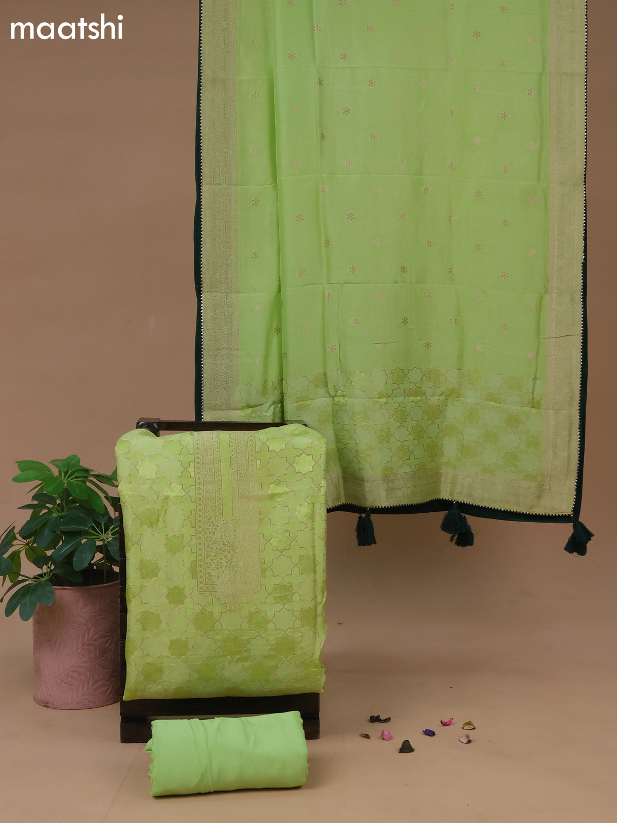 Banarasi silk dress material fluorescent green with allover zari weaves and bottom & banarasi style dupatta