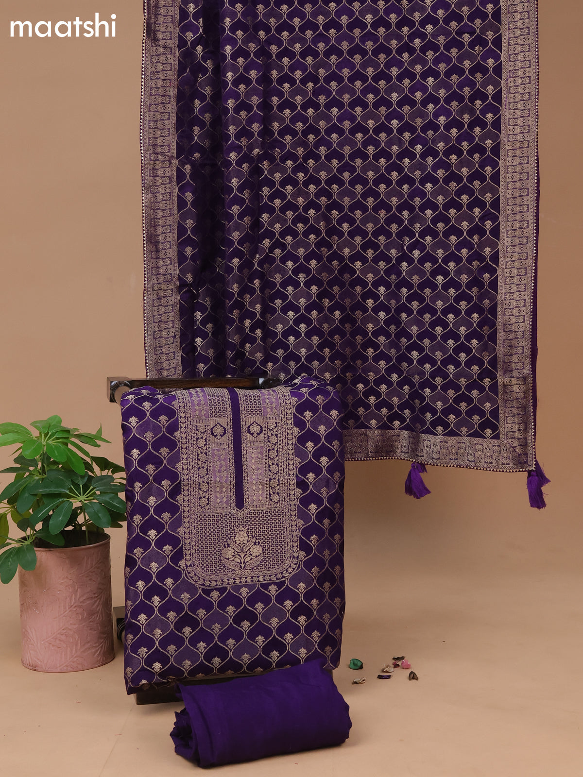 Banarasi silk dress material violet with allover zari weaves and bottom & banarasi style dupatta