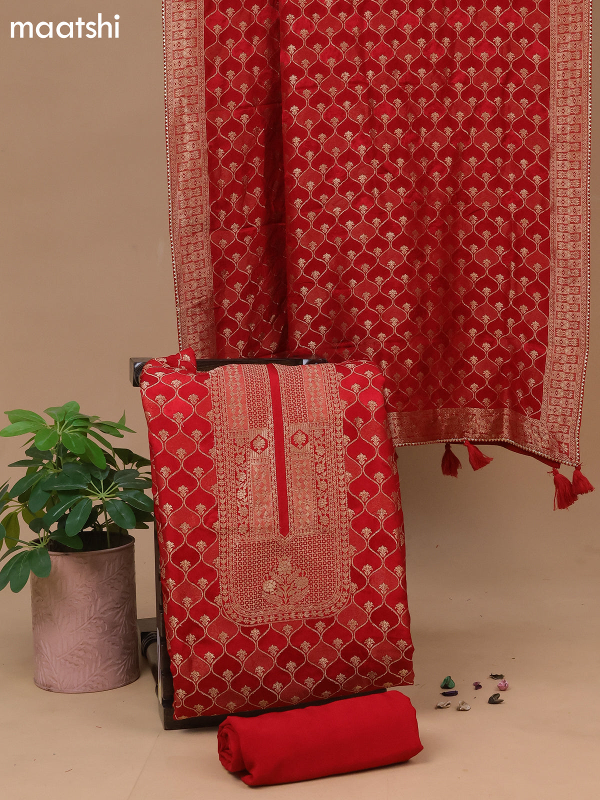 Banarasi silk dress material red with allover zari weaves and bottom & banarasi style dupatta