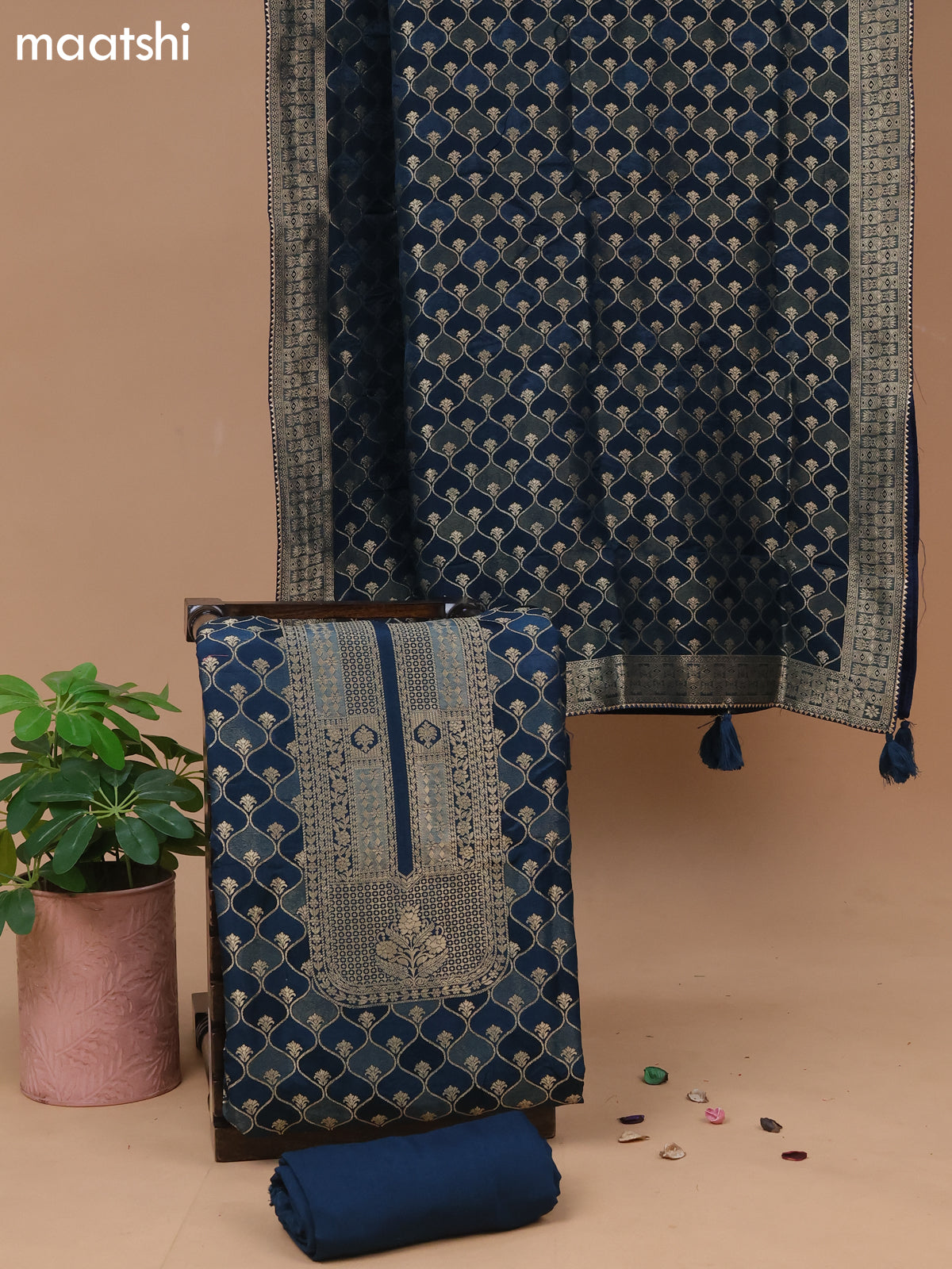 Banarasi silk dress material peacock blue with allover zari weaves and bottom & banarasi style dupatta