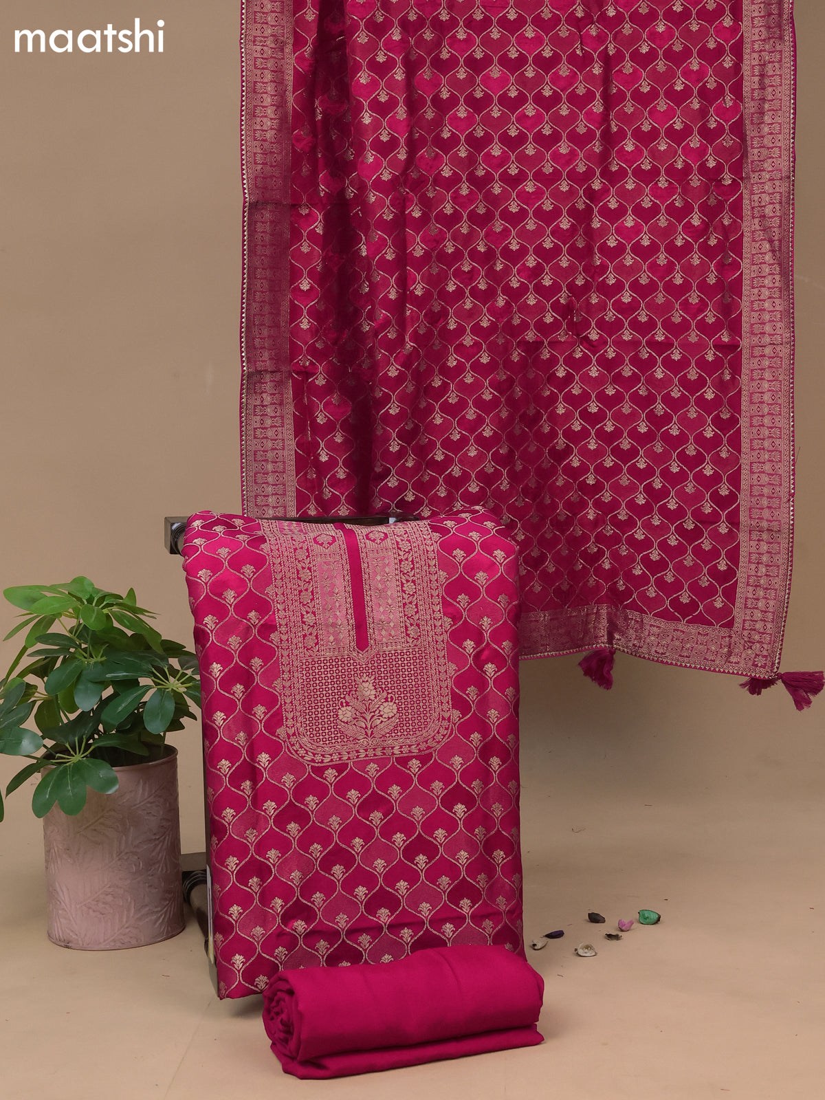 Banarasi silk dress material pink with allover zari weaves and bottom & banarasi style dupatta