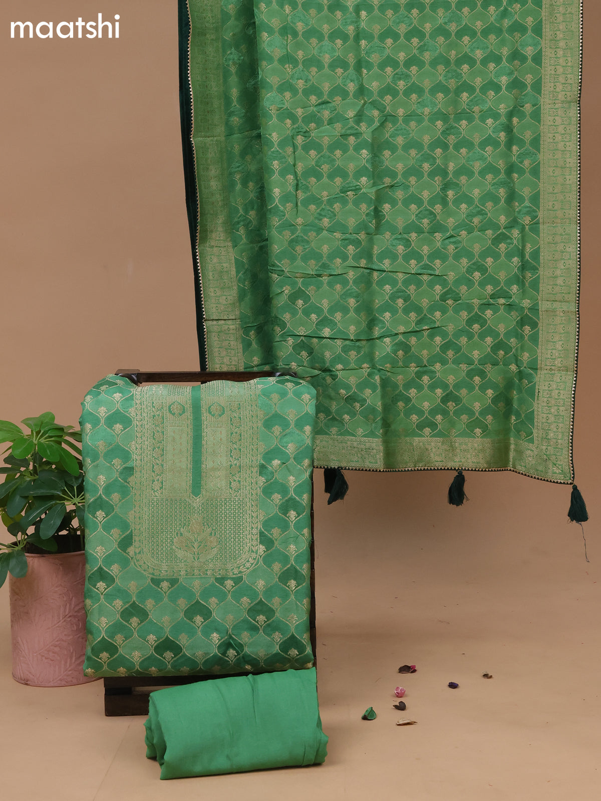 Banarasi silk dress material green shade with allover zari weaves and bottom & banarasi style dupatta