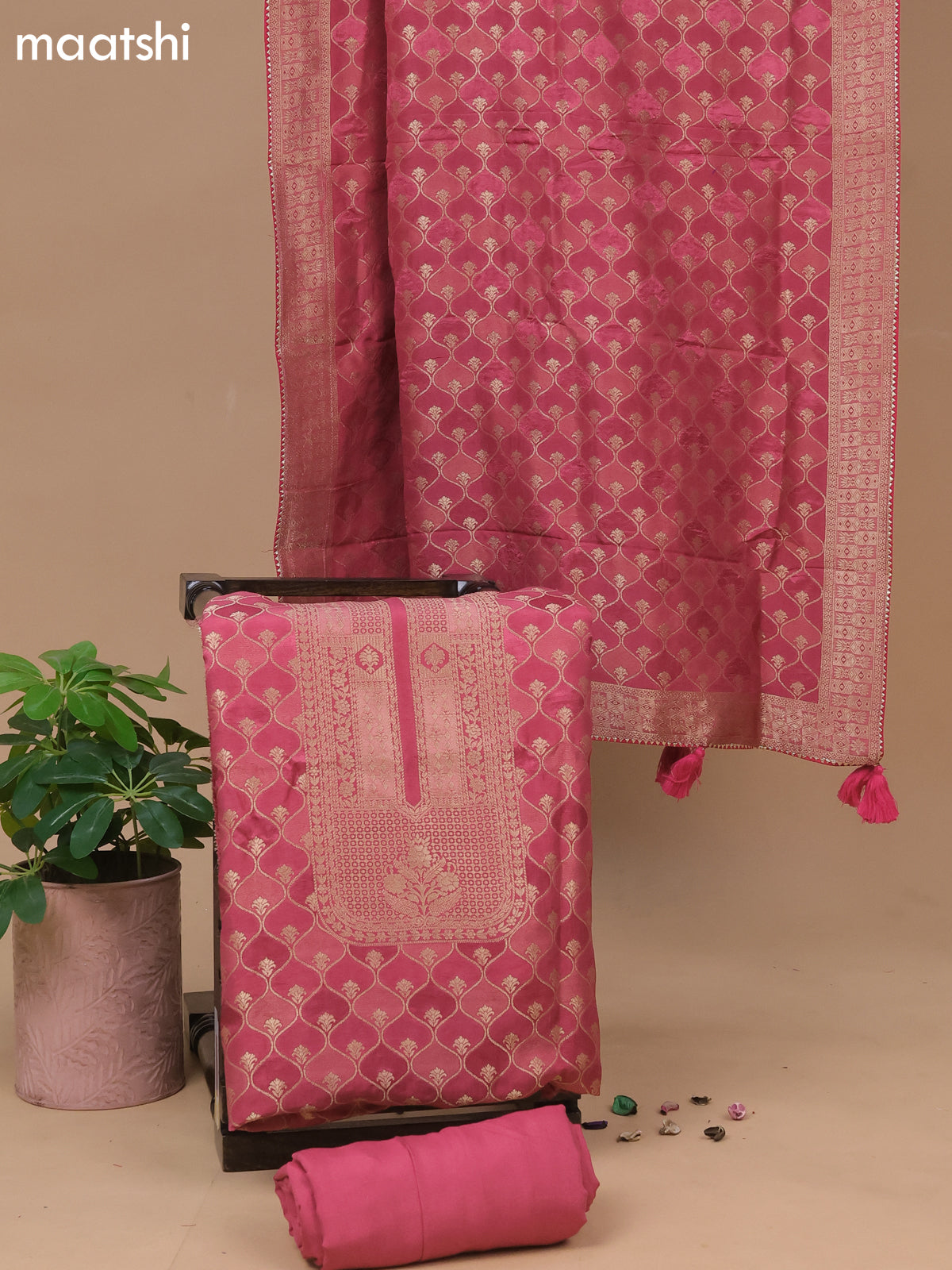 Banarasi silk dress material pink shade with allover zari weaves and bottom & banarasi style dupatta