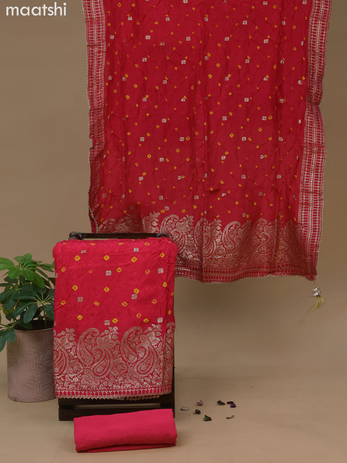 Banarasi silk dress material pink with allover self emboss & bandhani butta prints and bottom & dupatta