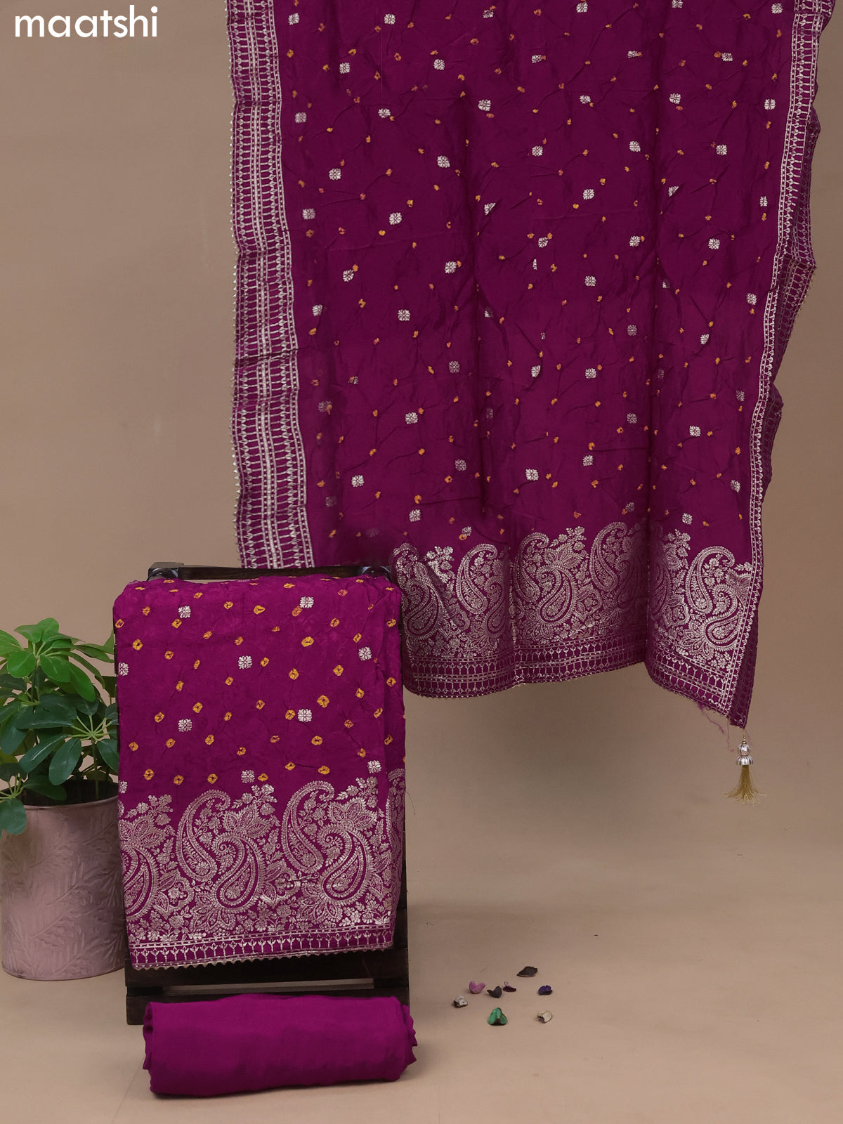 Banarasi silk dress material magenta pink with allover self emboss & bandhani butta prints and bottom & dupatta