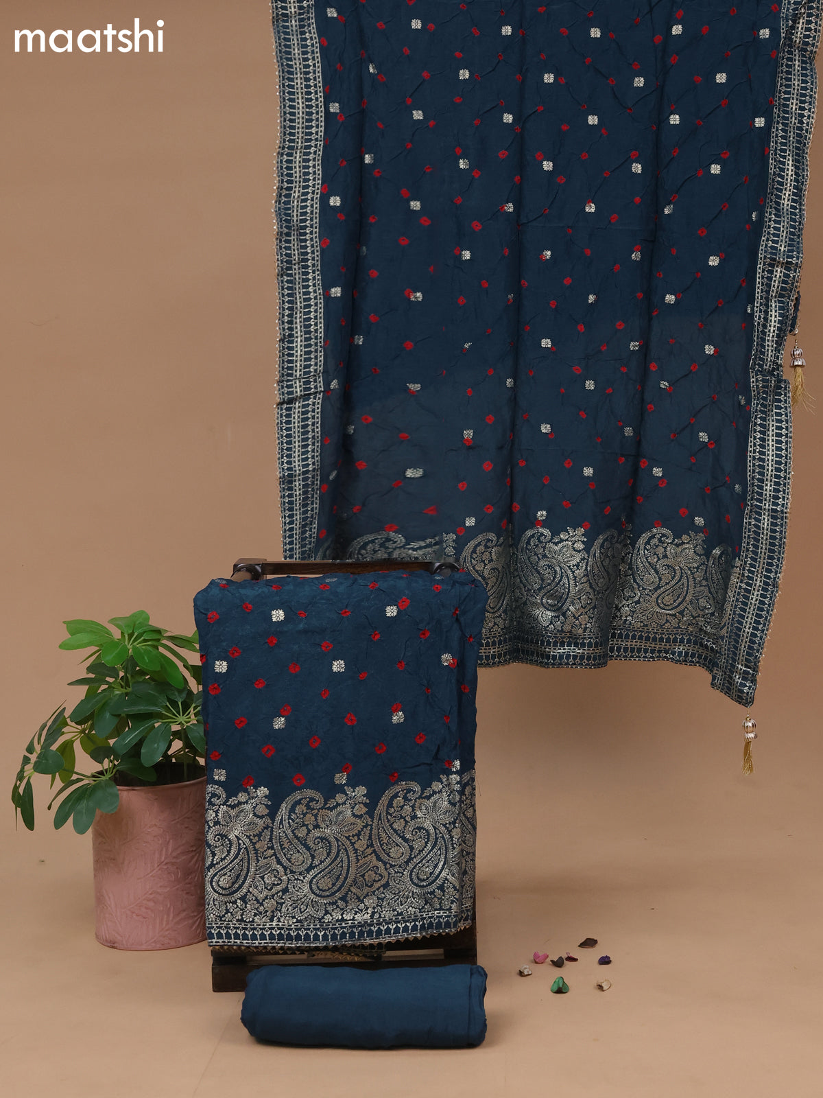 Banarasi silk dress material peacock blue with allover self emboss & bandhani butta prints and bottom & dupatta