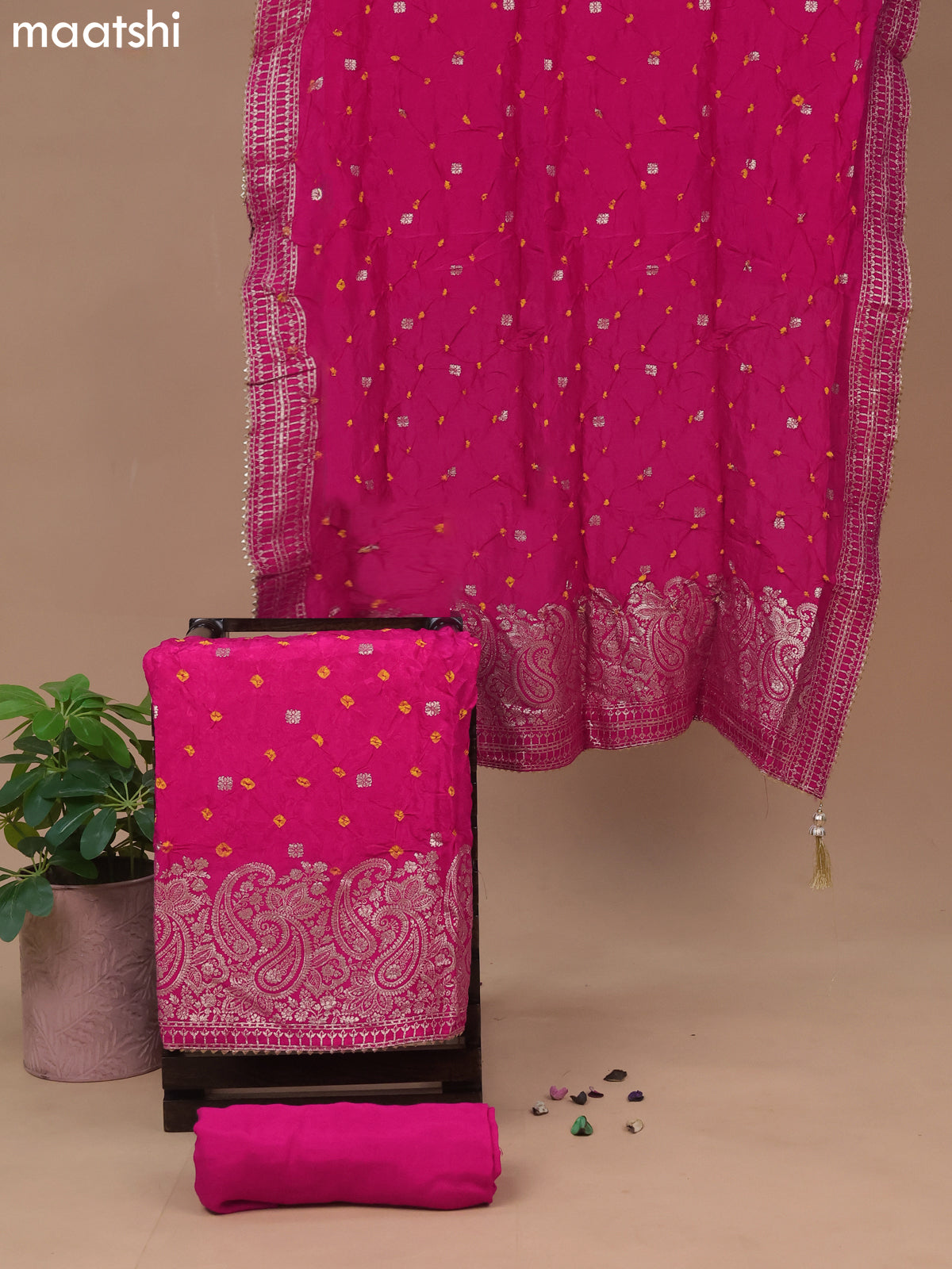 Banarasi silk dress material pink with allover self emboss & bandhani butta prints and bottom & dupatta