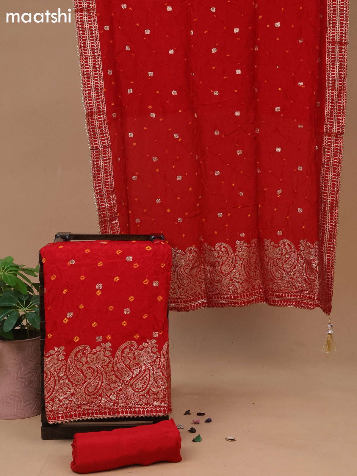 Banarasi silk dress material red with allover self emboss & bandhani butta prints and bottom & dupatta