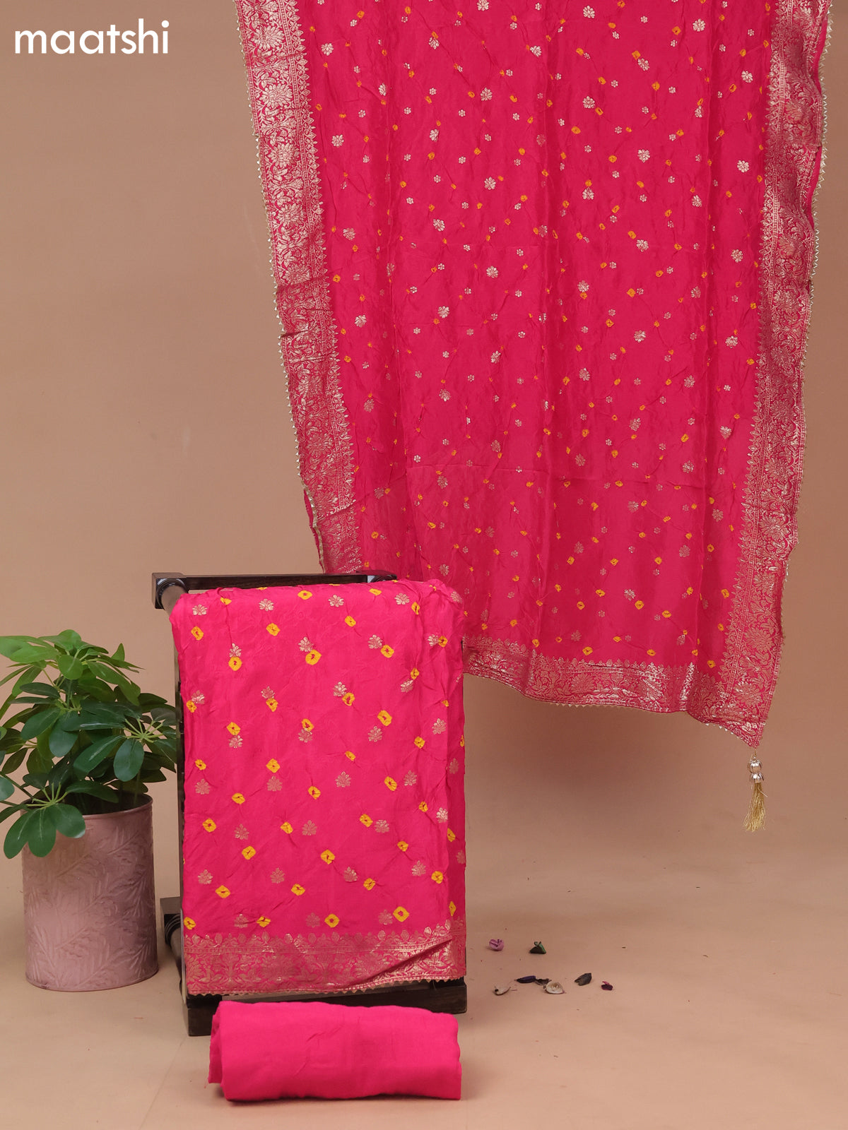 Banarasi silk dress material pink with allover self emboss & bandhani butta prints and bottom & dupatta