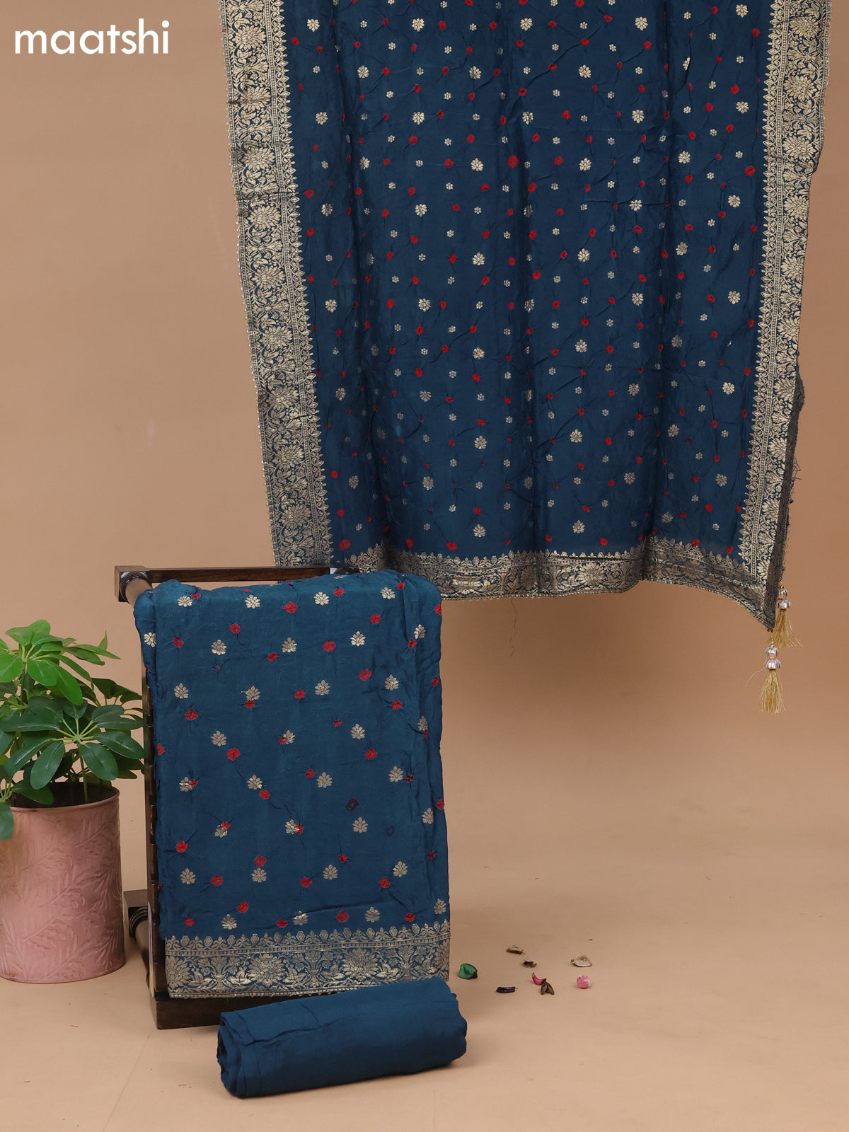 Banarasi silk dress material peacock blue with allover self emboss & bandhani butta prints and bottom & dupatta