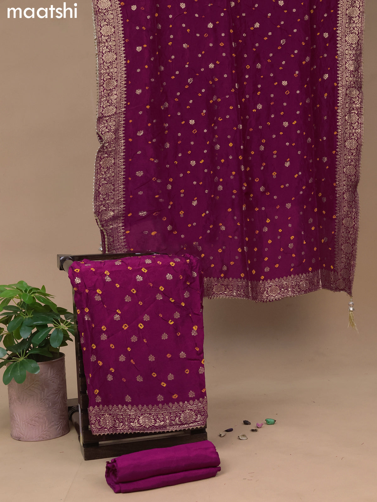 Banarasi silk dress material dark magenta pink with allover self emboss & bandhani butta prints and bottom & dupatta