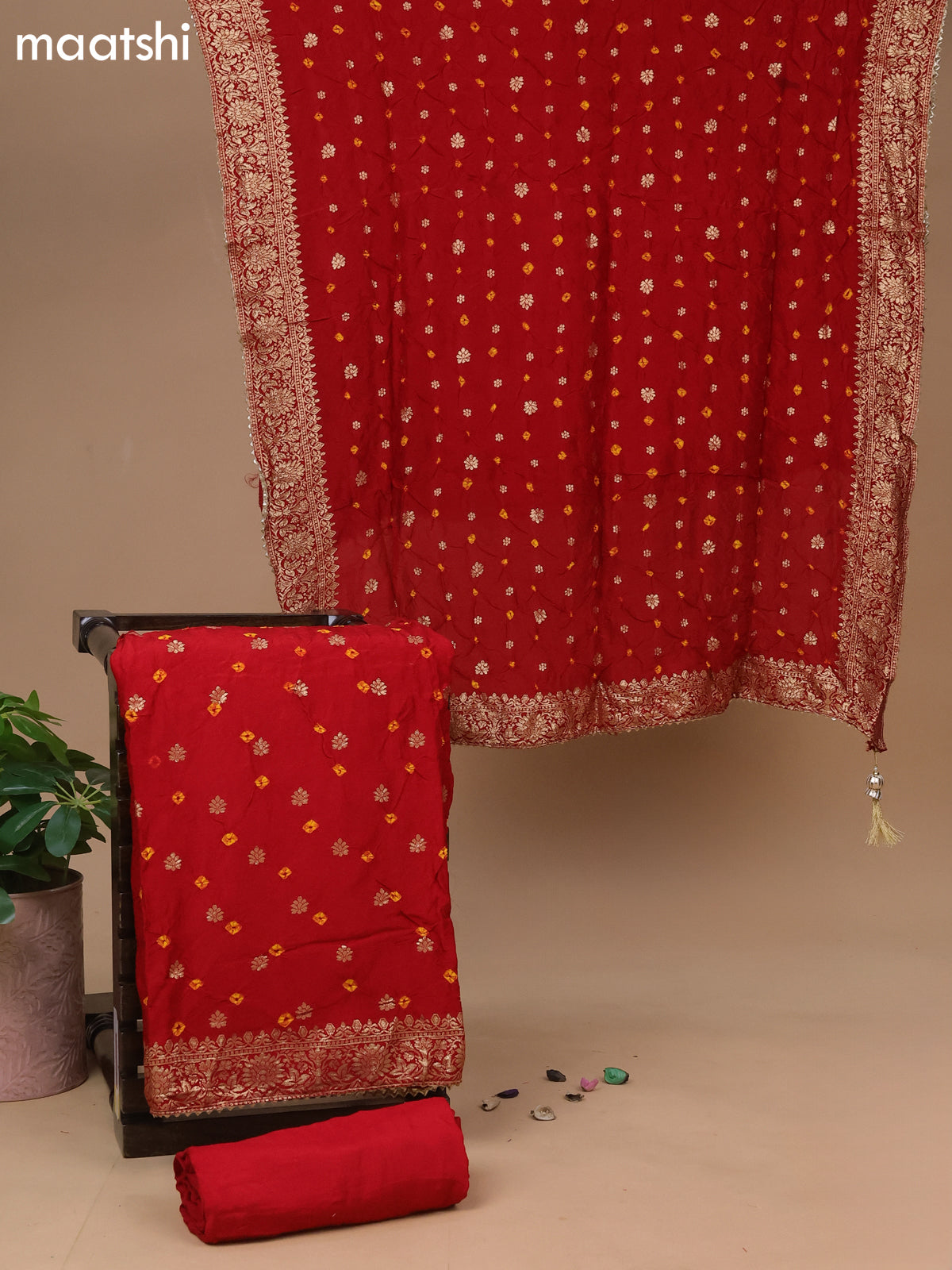 Banarasi silk dress material red with allover self emboss & bandhani butta prints and bottom & dupatta