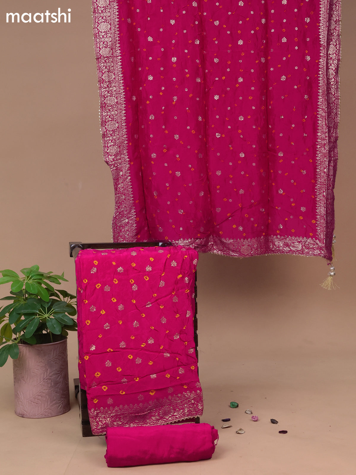 Banarasi silk dress material pink with allover self emboss & bandhani butta prints and bottom & dupatta