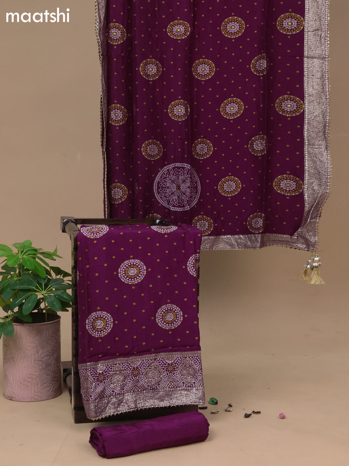 Banarasi silk dress material purple with allover bandhani weaves and bottom & dupatta