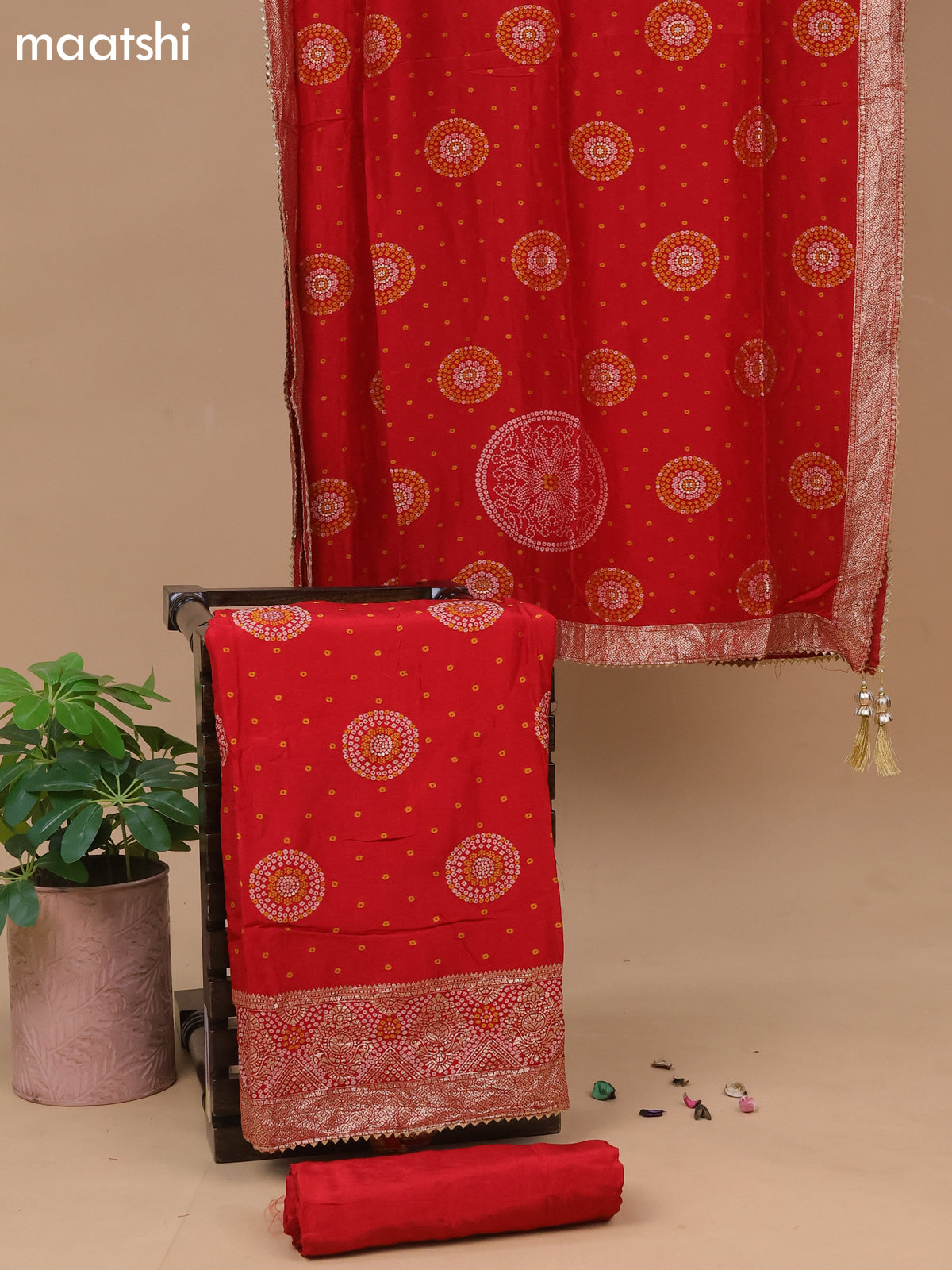 Banarasi silk dress material red with allover bandhani weaves and bottom & dupatta