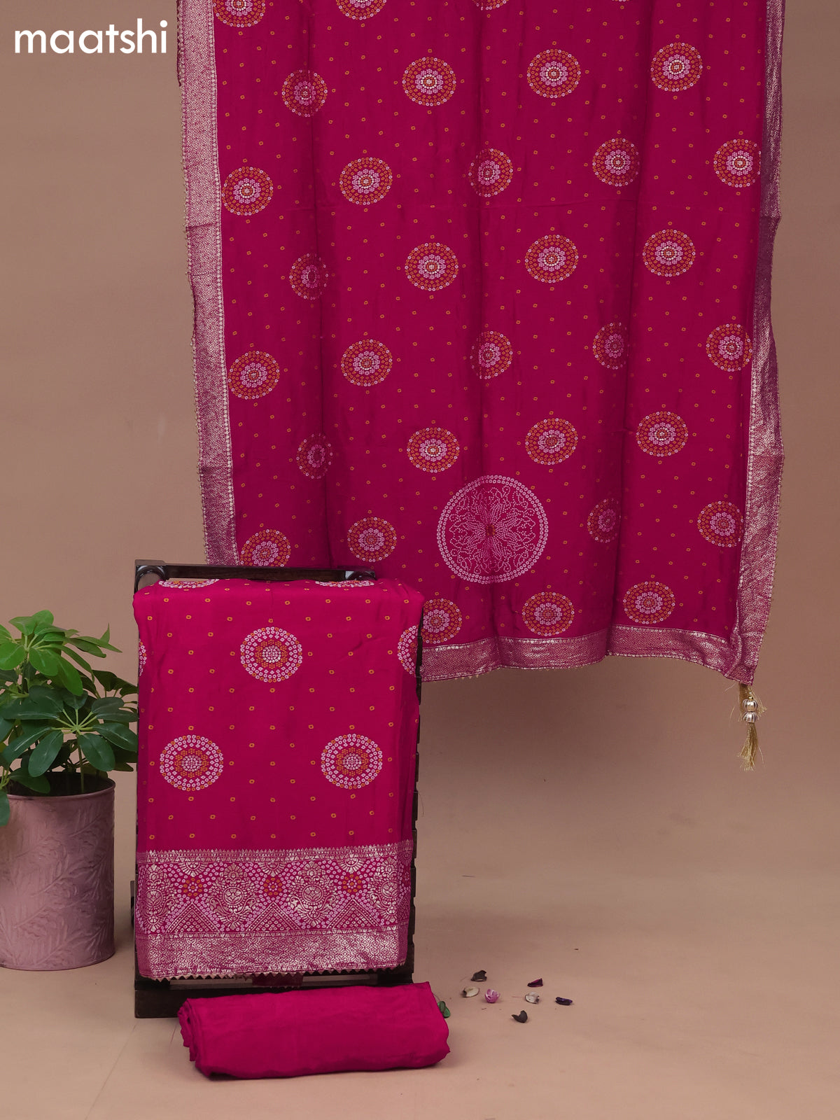 Banarasi silk dress material pink with allover bandhani weaves and bottom & dupatta