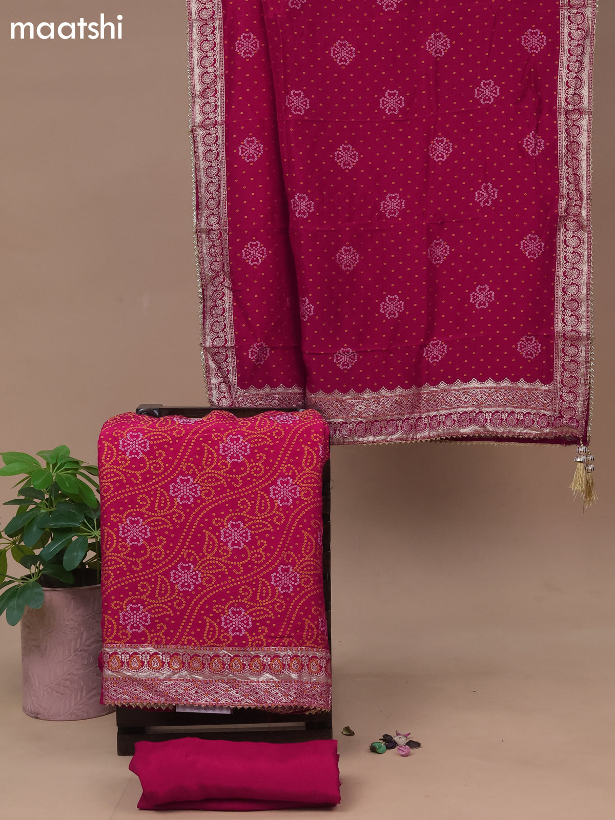 Banarasi silk dress material pink with allover bandhani weaves and bottom & dupatta